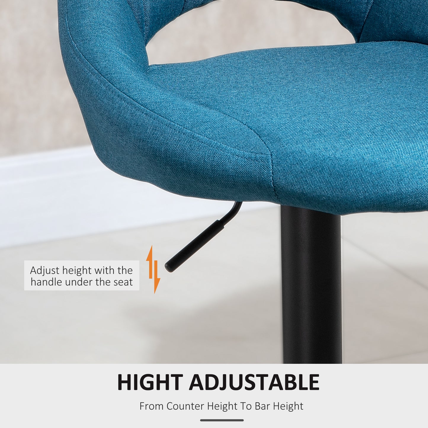 HOMCOM Bar Stools Set of 2, Swivel Counter Height Barstools with Adjustable Height, Linen Upholstered Bar Chairs with Round Metal Base and Footrest, Blue