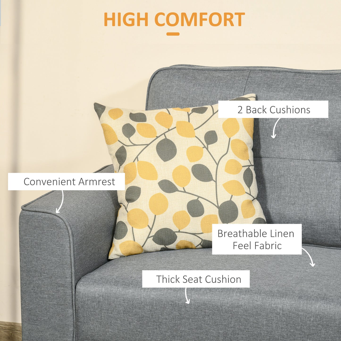 HOMCOM 3-Seater Sofa, Mid-Century Linen Couch with Upholstered Seat, Button-Tufted Back Cushion and Rubber Wood Legs for Living Room, Bedroom, Gray