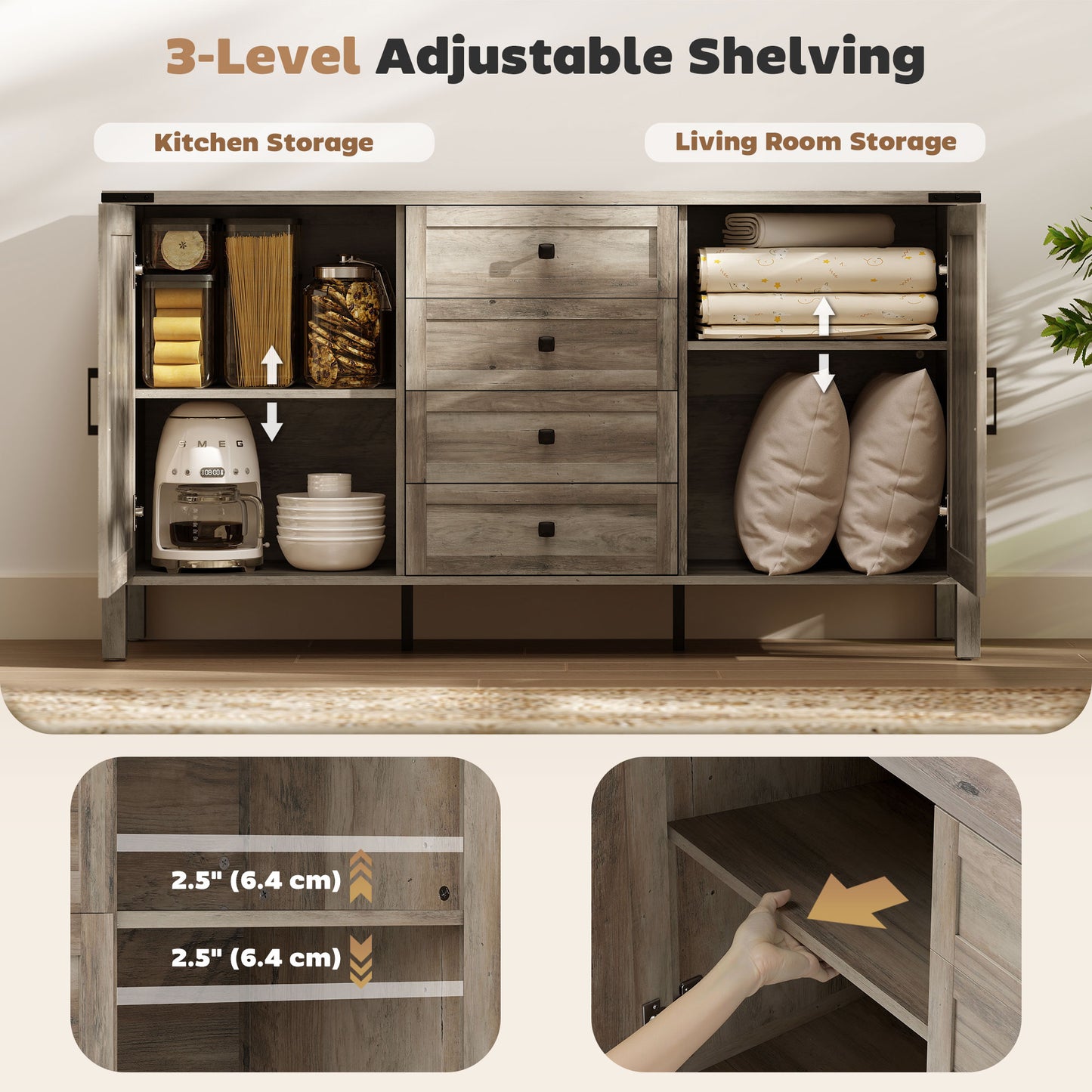 HOMCOM 59" Buffet Cabinet, Farmhouse Sideboard with Thick Top, 2 Barn Doors, 4 Drawers and 2 Adjustable Shelves, Grey