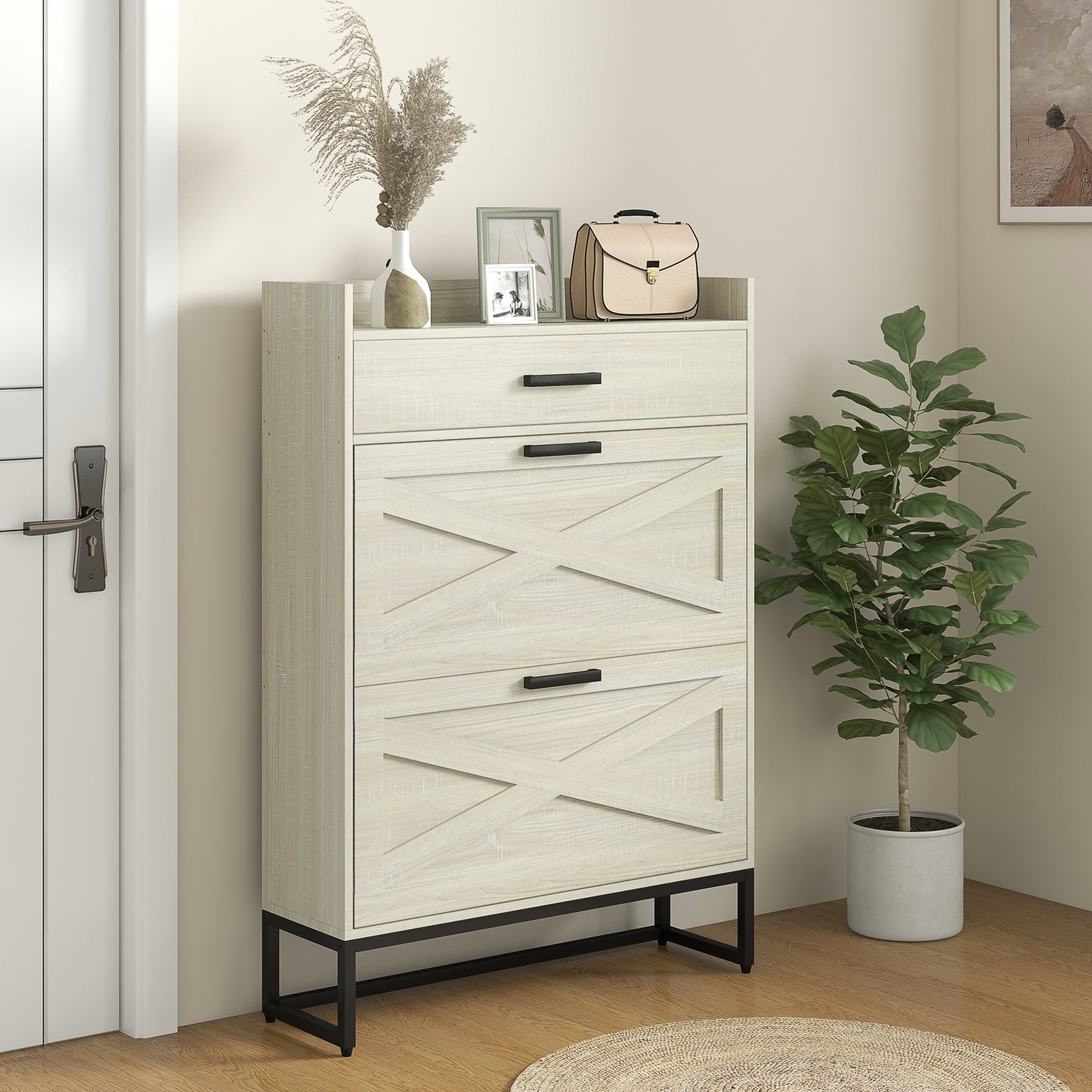 HOMCOM Slim Shoe Storage with 2 Flip Drawers and Adjustable Shelves Shoe Cabinet Organizer for 12 Pair, Distressed White