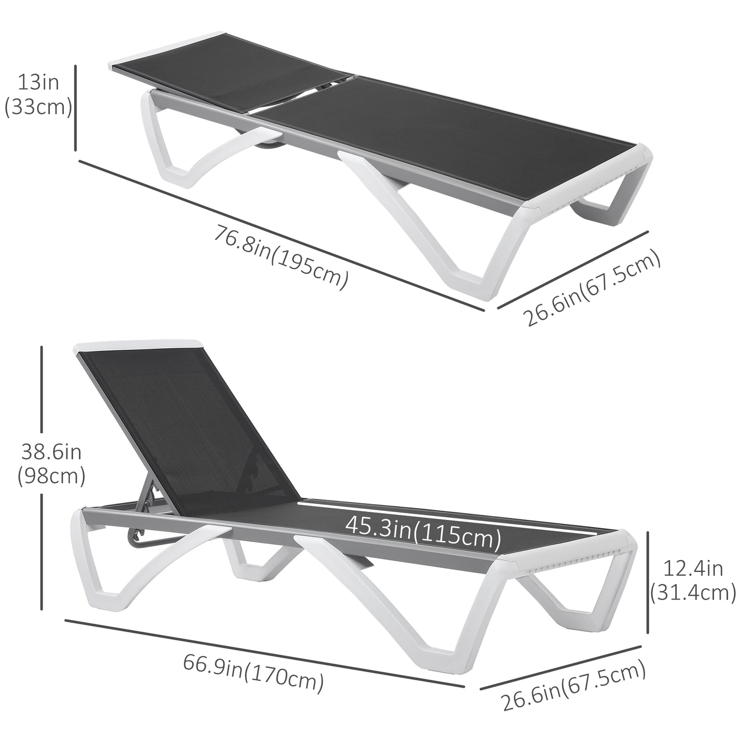 Outsunny Outdoor Chaise Lounge Chair, Patio Aluminum Tanning Chair with 5-Level Adjustable Back, Portable Wheels, Breathable Mesh Fabric, for Pool, Deck, Garden, Black