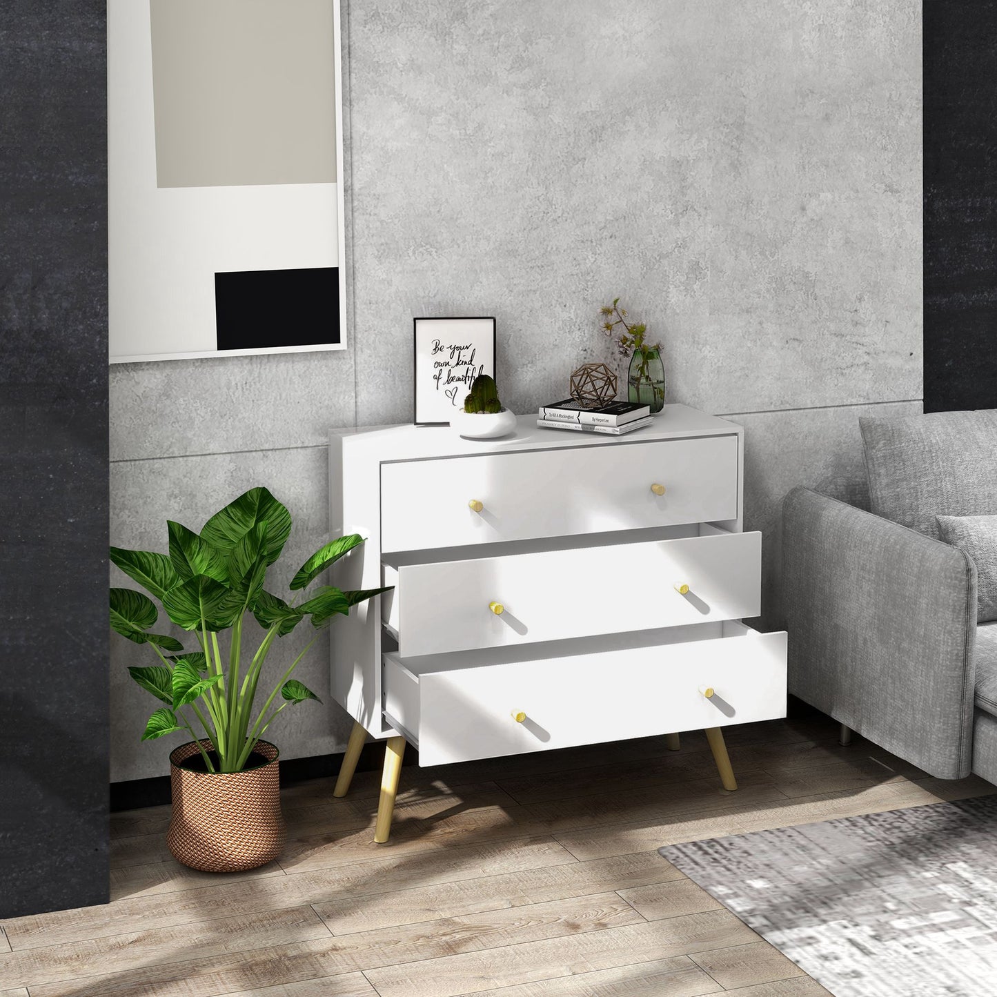 HOMCOM White Dresser for Bedroom with 3 Drawers, Morden Chest of Drawers with Solid Wood Legs and Handles, Storage Organizer for Living Room, White