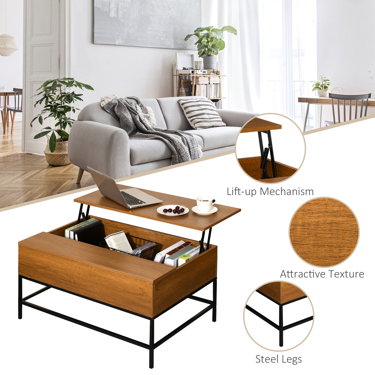 HOMCOM Lift Top Coffee Table with Hidden Storage Compartment Lift Tabletop Center Table for Living Room, Grey