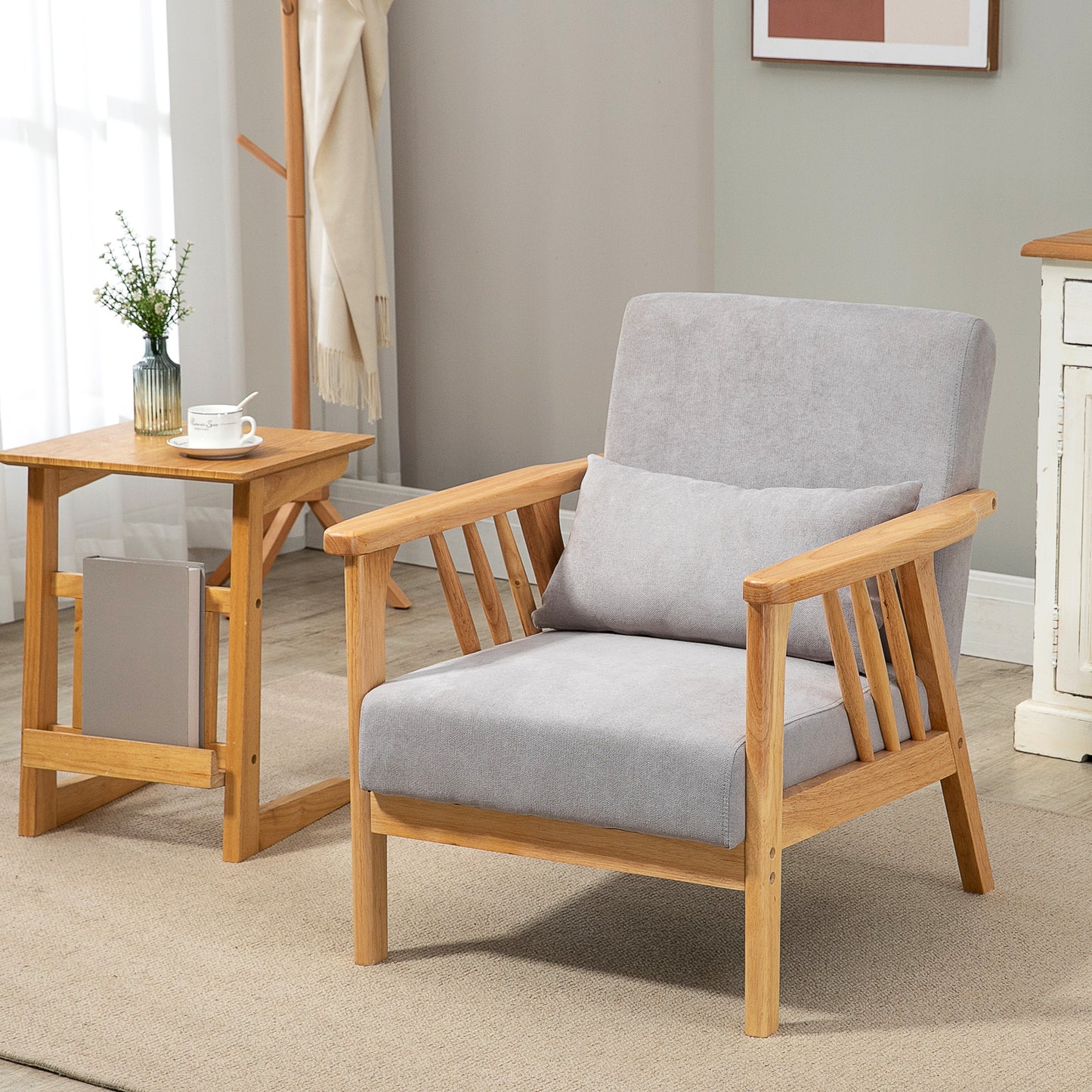 HOMCOM Armchair Upholstered Lounge Chair with Rubber Wood Frame Throw Pillows and Comfortable Cushion, White