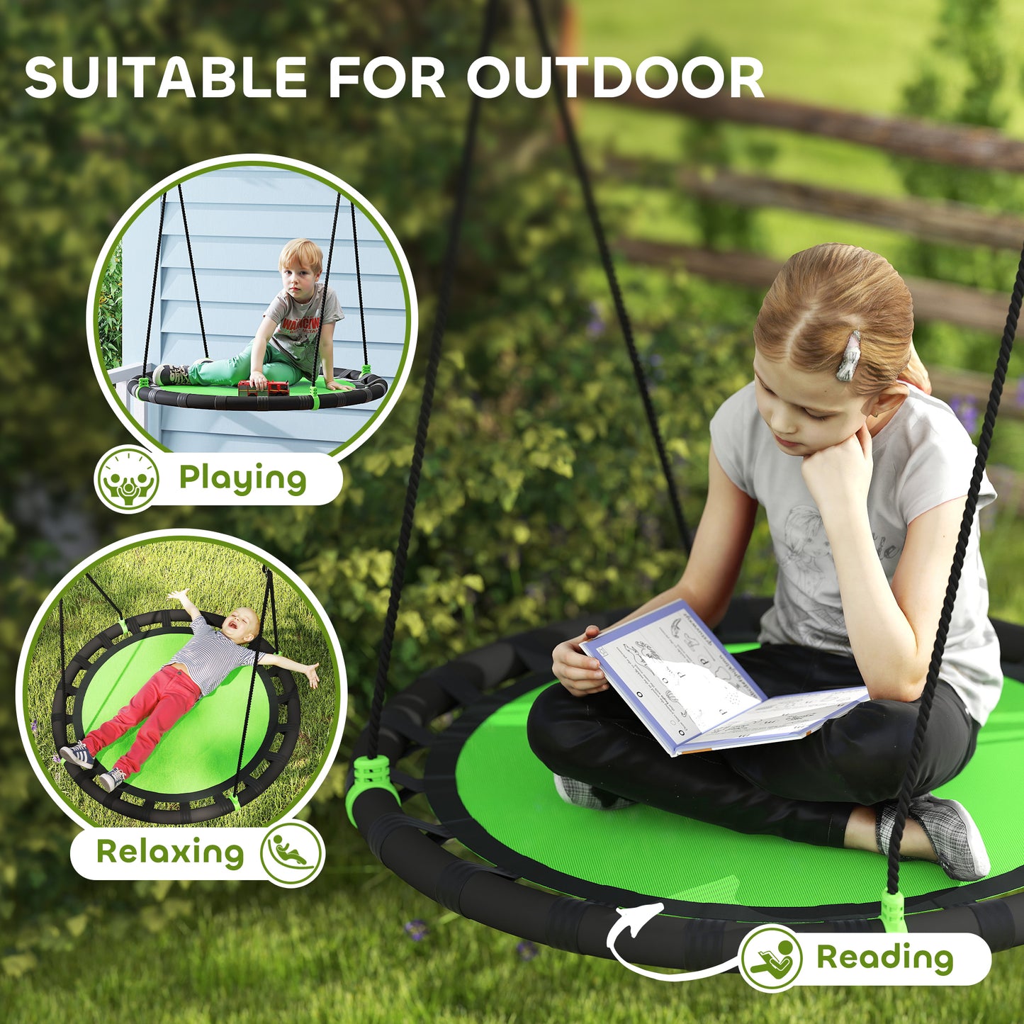 Qaba 39 inch Saucer Tree Swing Set for Kids with Adjustable Hanging Ropes for Outdoor, Backyard, Green