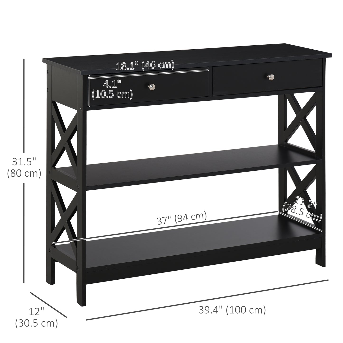 HOMCOM 39" Console Table, Narrow Entryway Table with Storage Shelves, Drawers and X Frame for Behind Couch, Living Room, Hallway, Black