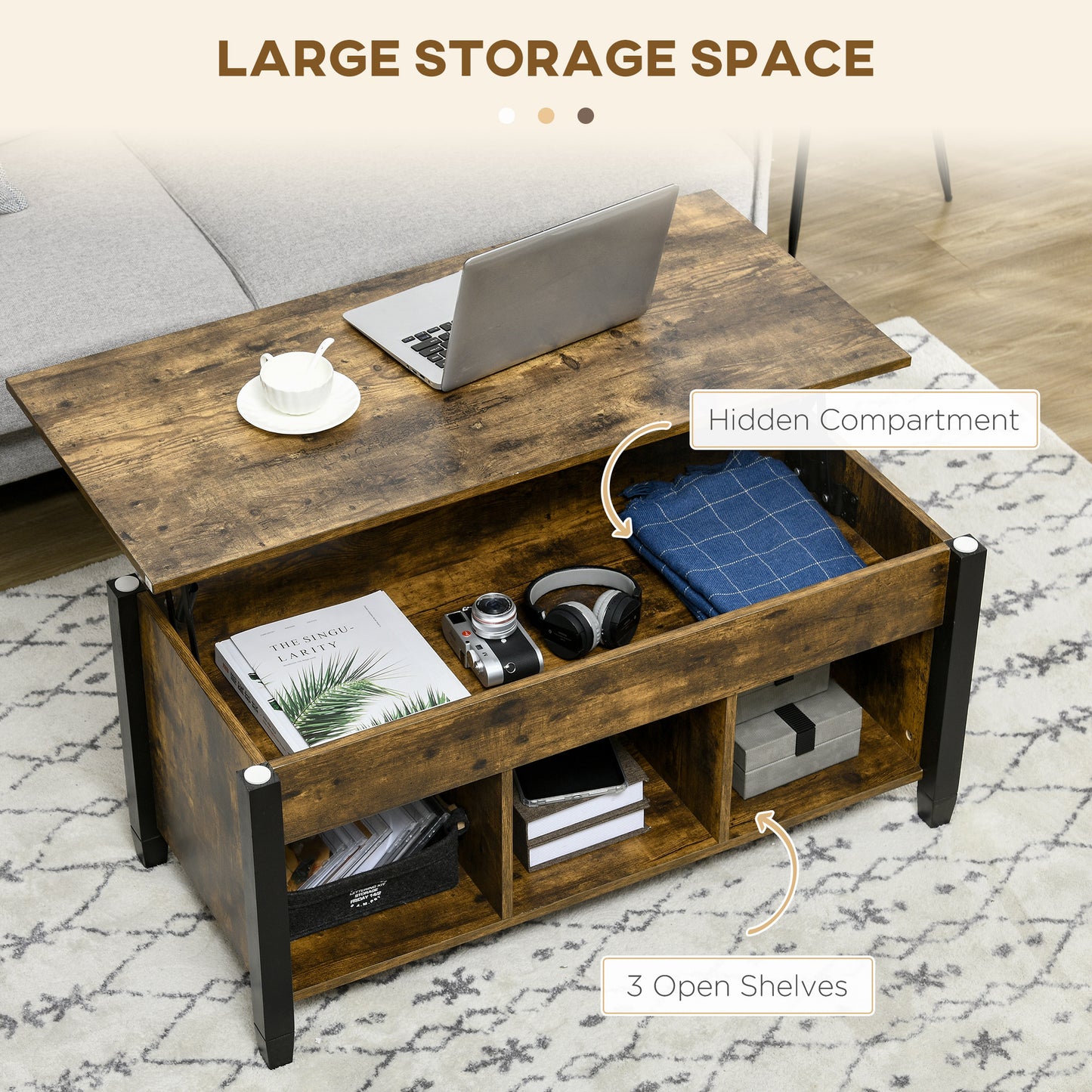HOMCOM Lift Top Coffee Table with Hidden Storage Compartment and 3 Lower Shelves, Pop-Up Center Table for Living Room, Espresso