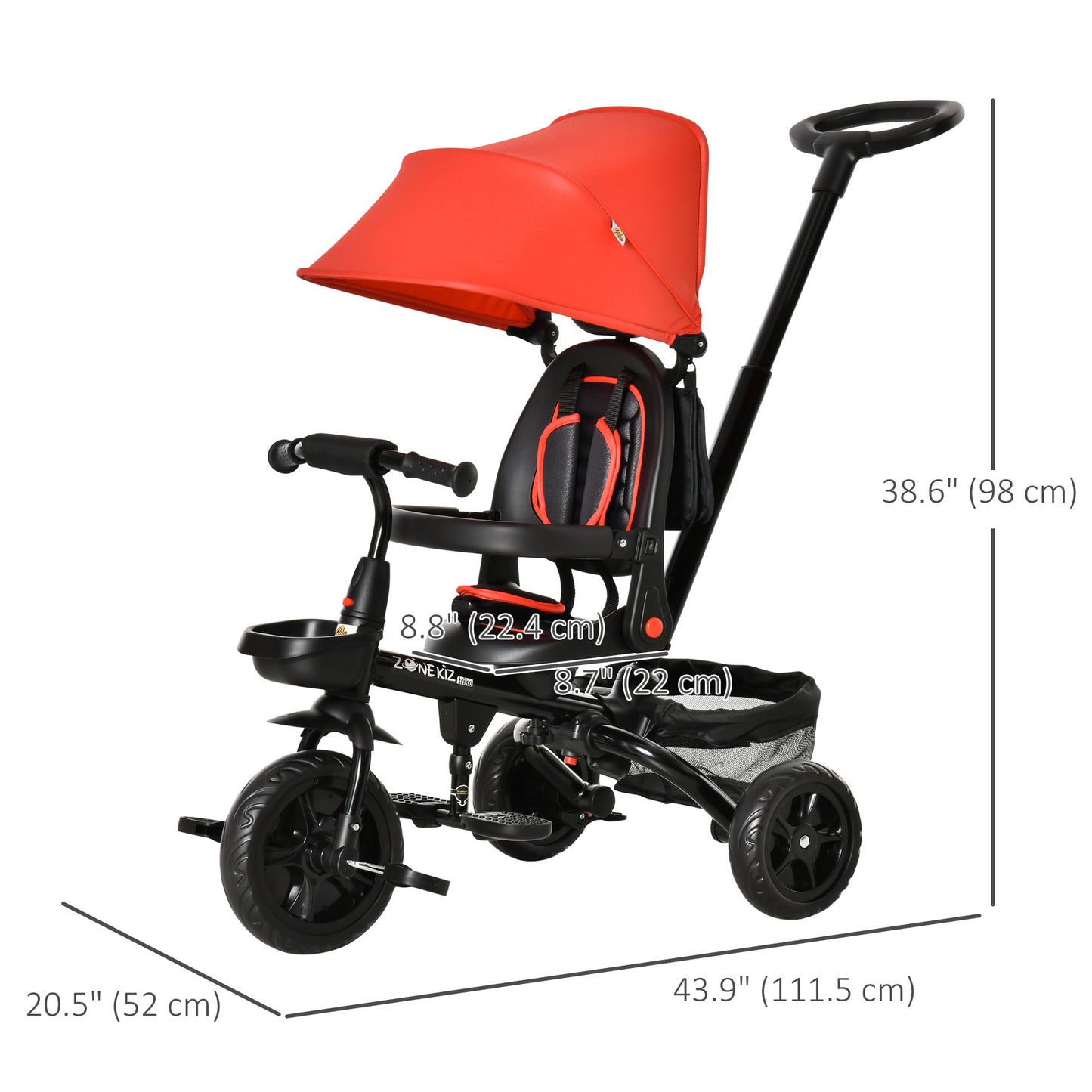 Qaba Tricycle for Toddler 4 in 1 Kids Trike with Reversible Adjustable Seat, Baby Push Bike with Removable Handle, Canopy, Belt Storage Brake Clutch for 1-5 Years, Red