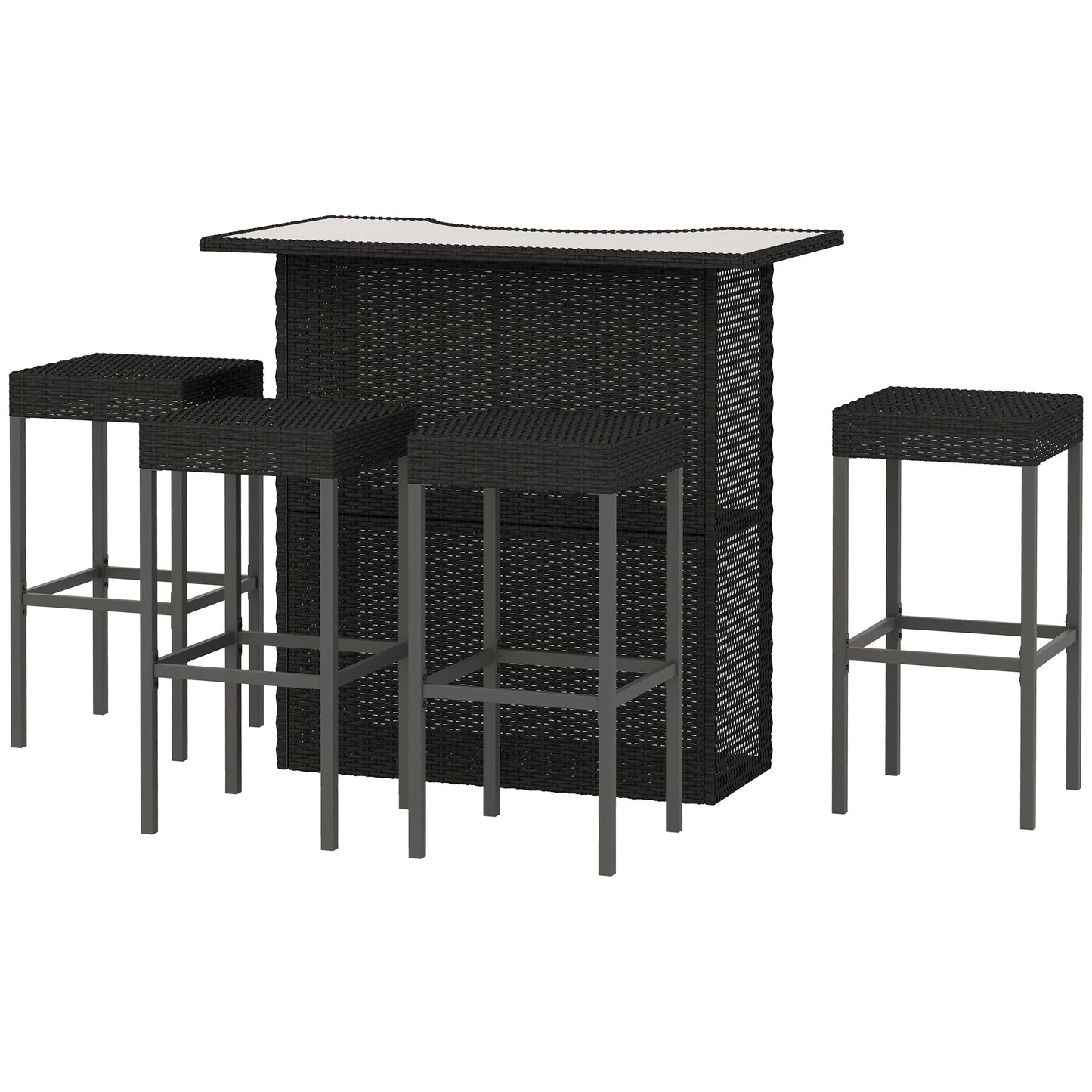 Outsunny 5 Pieces Patio Bar Set, Outdoor PE Rattan Wicker High Top Outdoor Table and Chairs Outdoor Bar Set with Tempered Glass Top Bar Table and Shelves, 4 Bar Chairs, Dark Brown