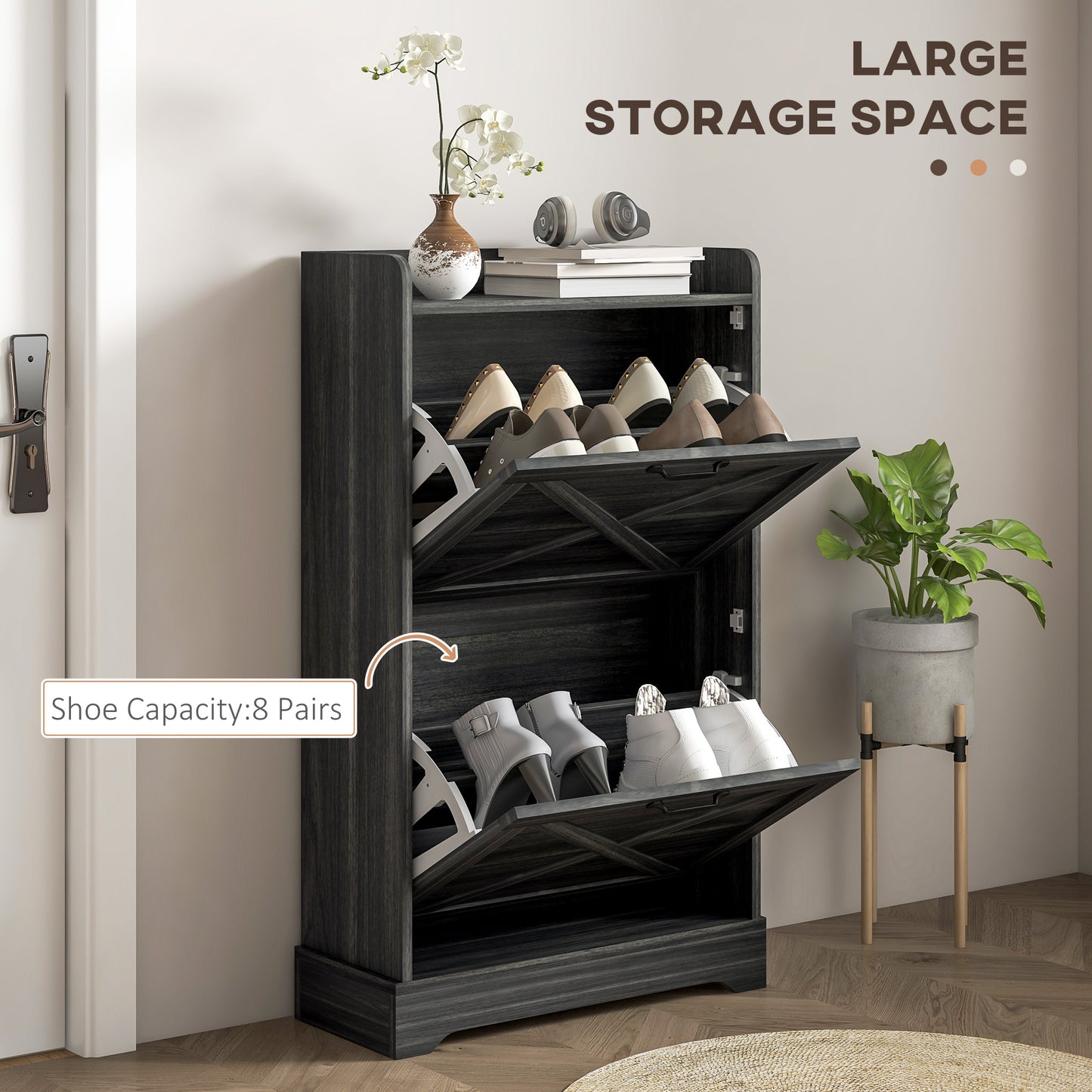 HOMCOM Slim Shoe Storage Cabinet, Farmhouse Shoe Cabinet with 2 Flip Drawers, Adjustable Shelves for 8 Pairs, Distressed White