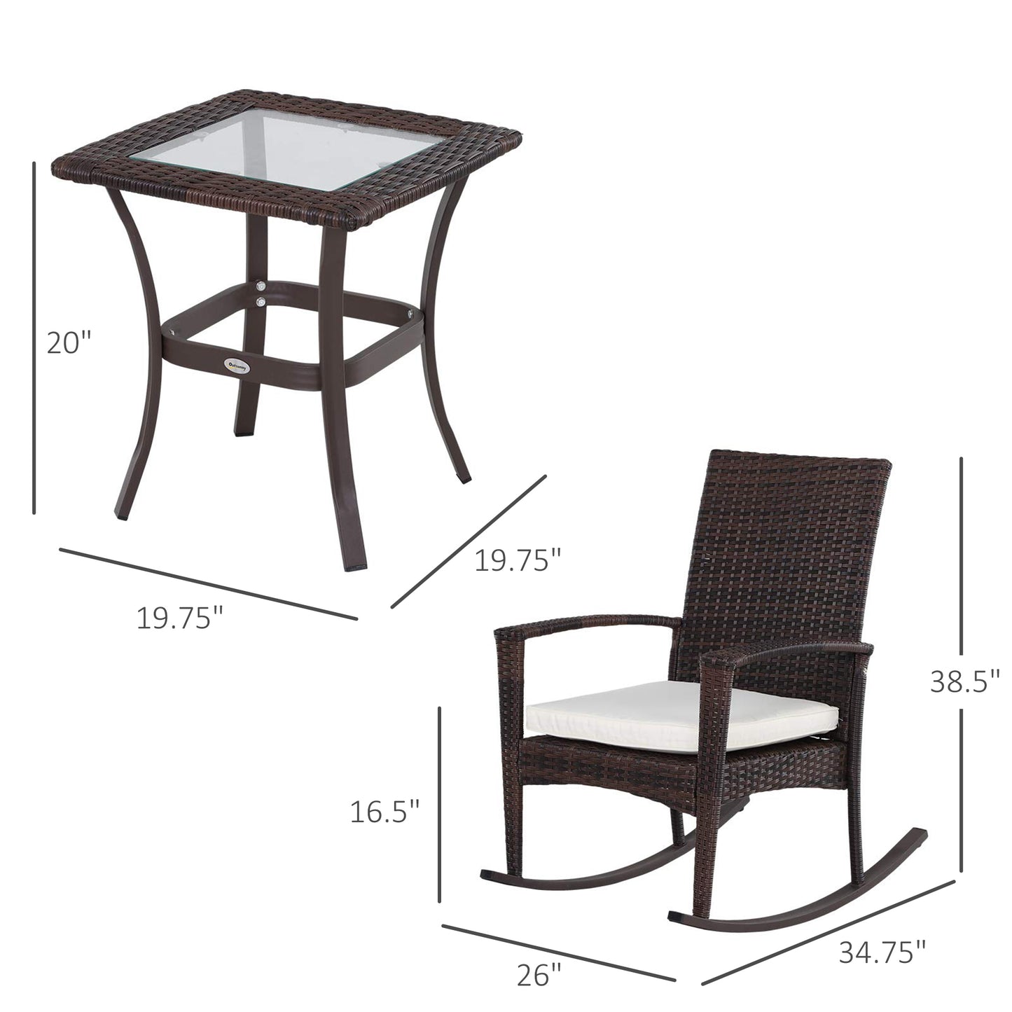 Outsunny 3 Pieces Patio Wicker Rocking Chair Set, Outdoor PE Rattan Bistro Set Conversation Rocker Set with 2 Chairs 1 Coffee Table for Backyard, Deck, Poolside, Dark Grey