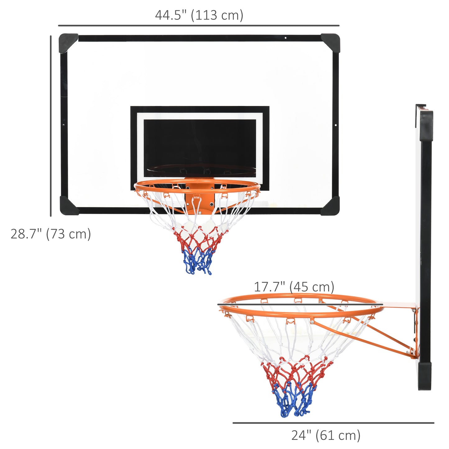 Soozier Wall Mounted Basketball Hoop with 43'' x 30'' Shatter Proof Backboard, for Indoor and Outdoor, Black