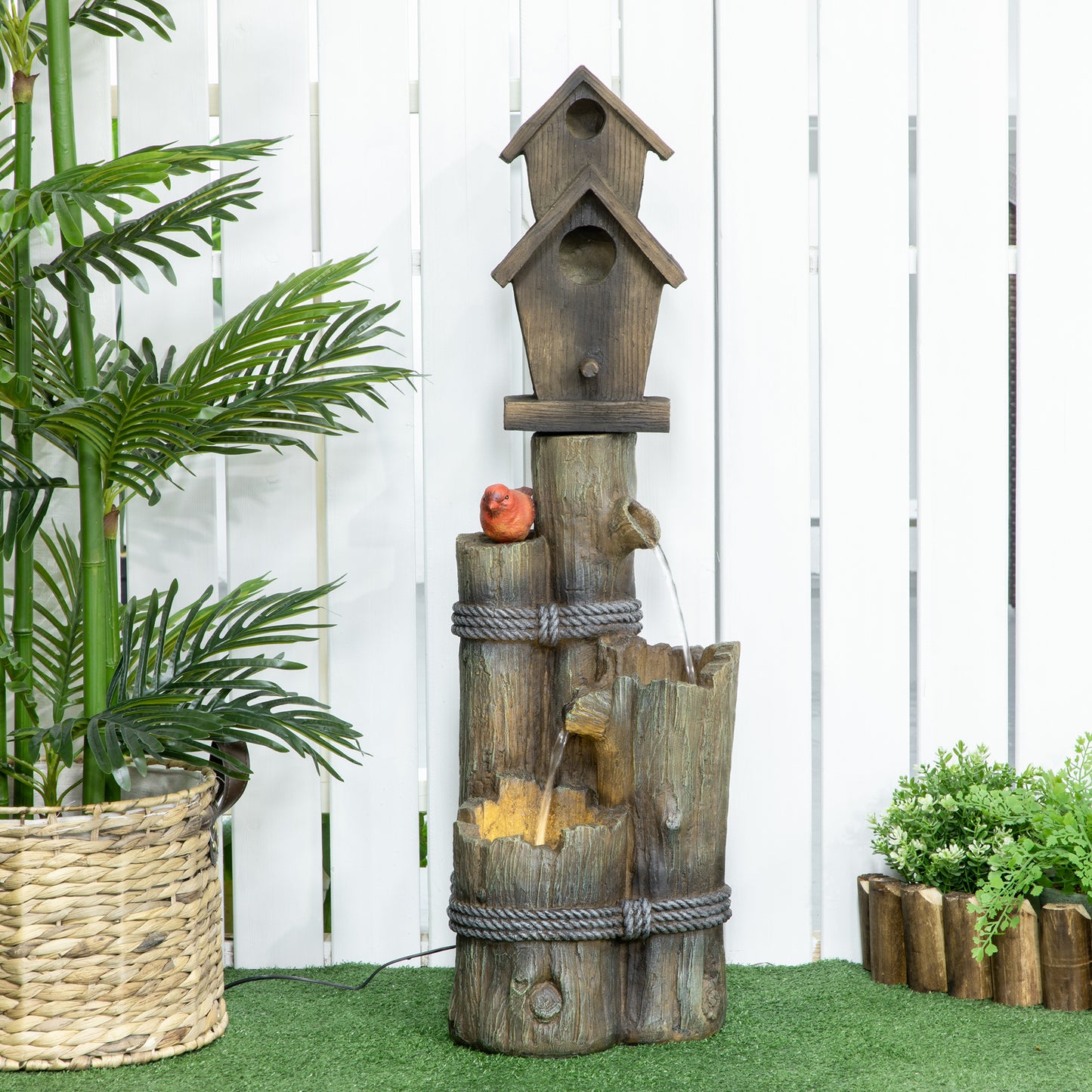 Outsunny Outdoor Fountain, Garden Waterfall with Birdhouse, 3-Tier Tree Trunk Design, LED Lights for Porch, Deck, Yard, Brown