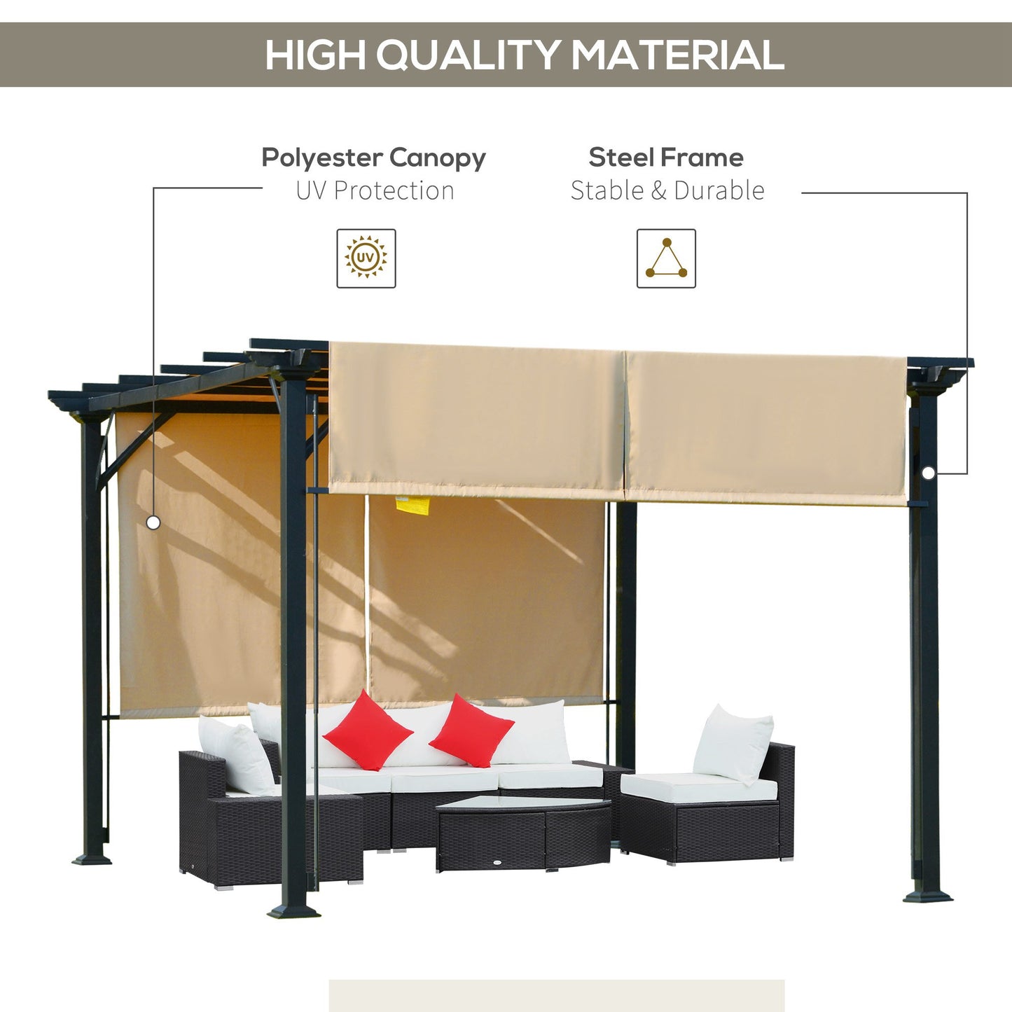 Outsunny 12' x 10' Outdoor Patio Gazebo Pergola with Retractable Canopy Roof, Steel Frame with Stakes, Unique Design, Beige