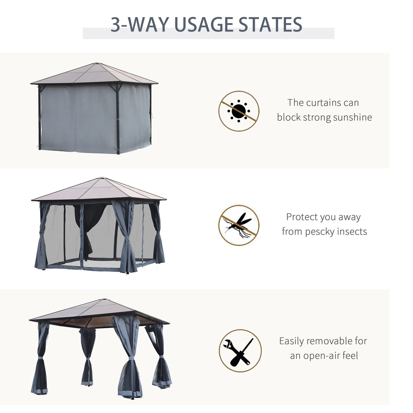 Outsunny 9.8' x 9.8' Garden Aluminium Gazebo Hardtop Roof Canopy Marquee Party Tent Patio Outdoor Shelter with Mesh Curtains & Side Walls, Grey