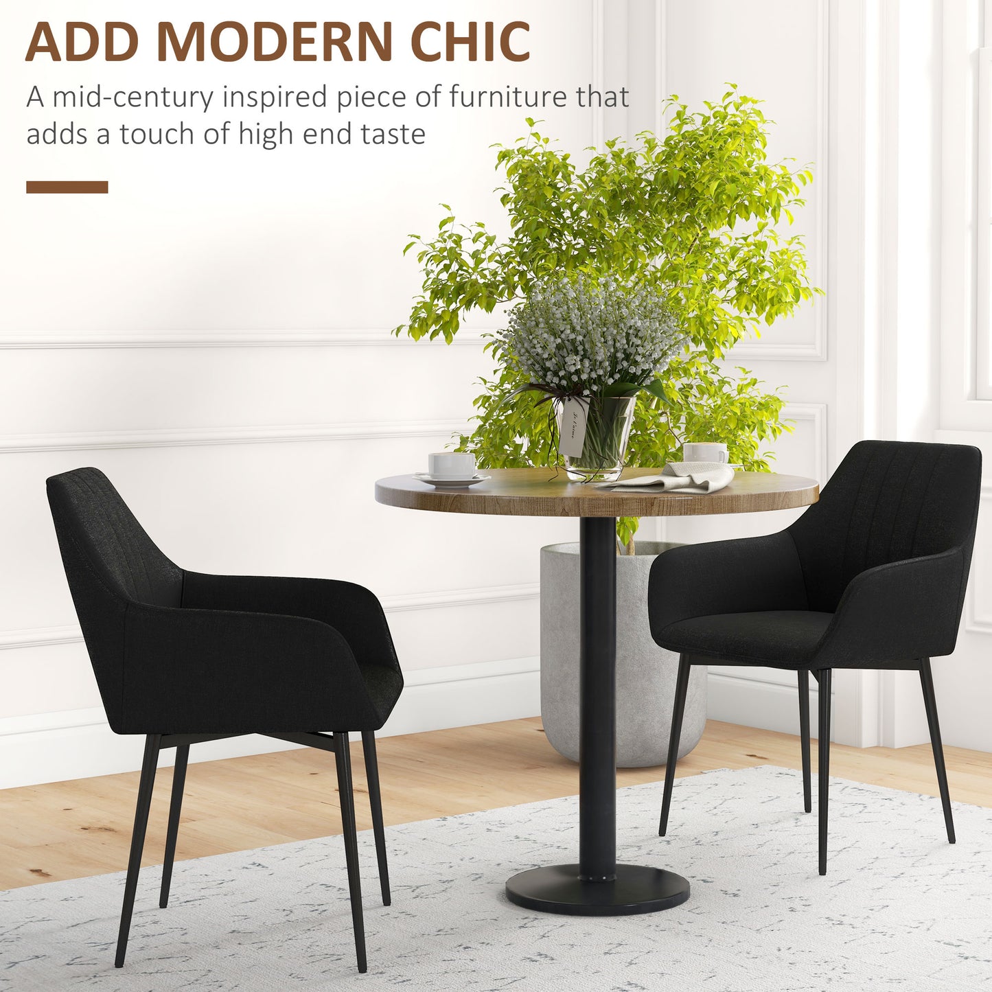 HOMCOM Dining Chairs Set of 2, Linen Upholstery Accent Chair with Back, Armrest, Metal Legs, Dark Grey