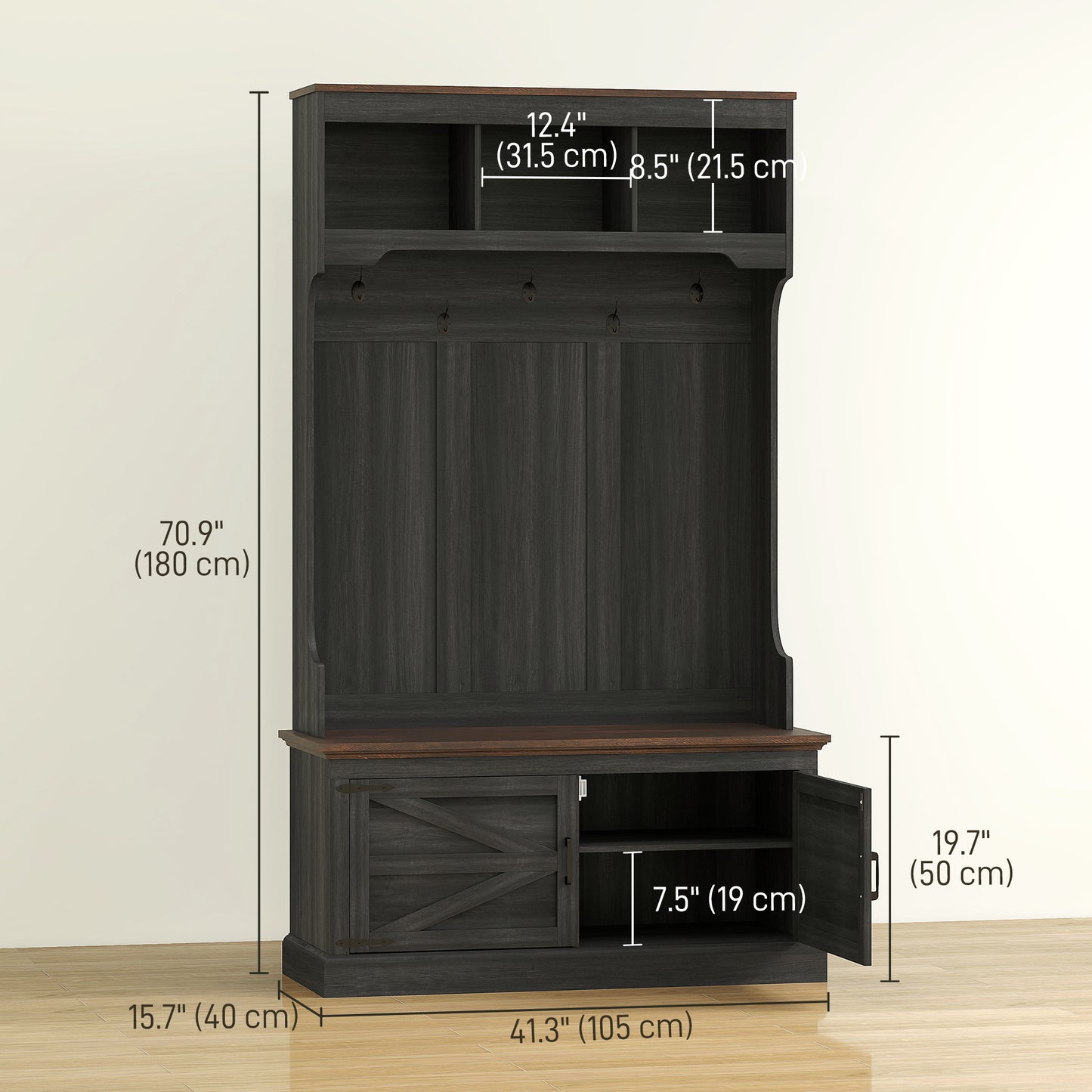 HOMCOM 3-in-1 Hall Tree with Bench, Coat Rack with Shoe Storage, Distressed Black