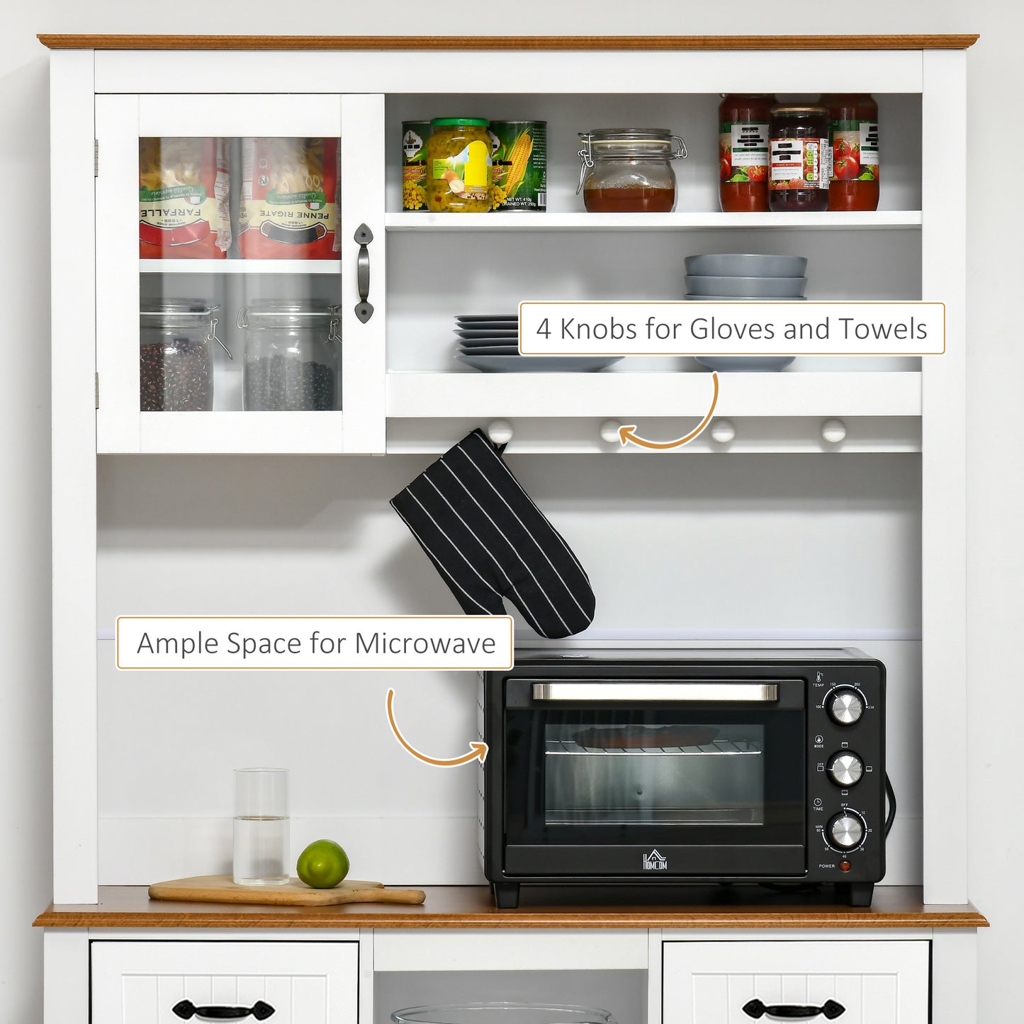 HOMCOM 71" Kitchen Buffet with Hutch, Farmhouse Style Storage Cupboard with Utility Drawer, 3 Door Cabinets and 5-tier Shelves, White