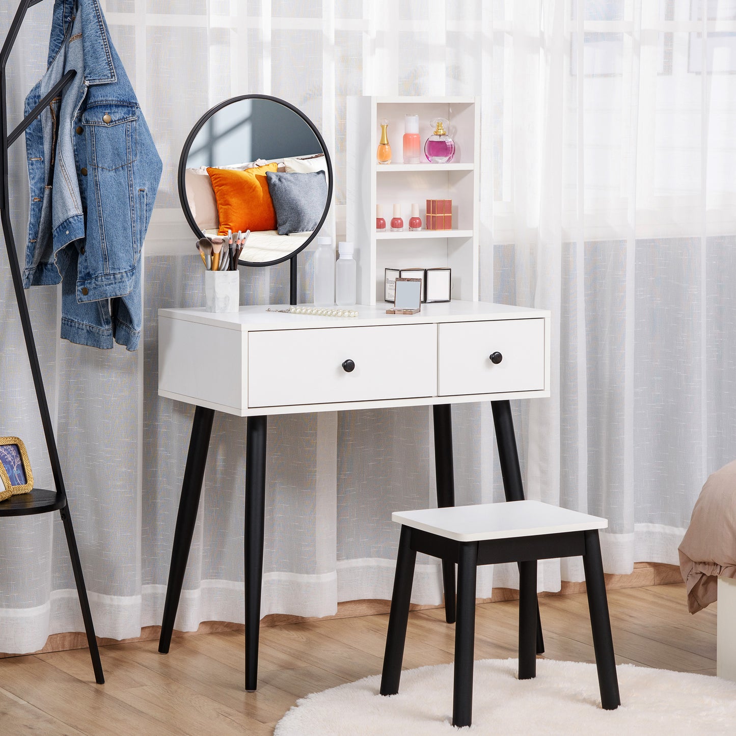HOMCOM Vanity Desk with Stool, Makeup Vanity with Mirror, Wood Dressing Table with Storage Drawers and Shelf for Bedroom, White and Black