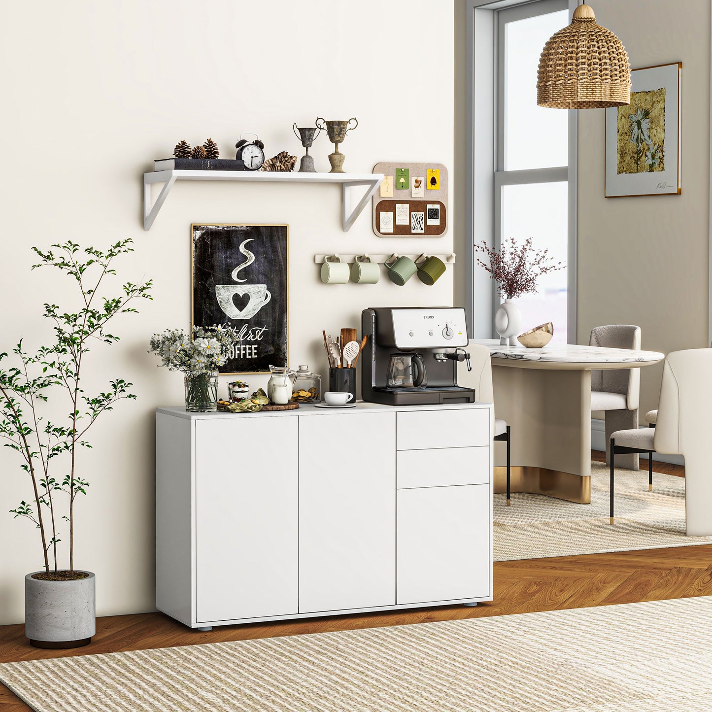 HOMCOM Kitchen Sideboard Storage Cabinet, Modern Coffee Bar with Push-Open Design and 2 Drawers for Living Room, Black