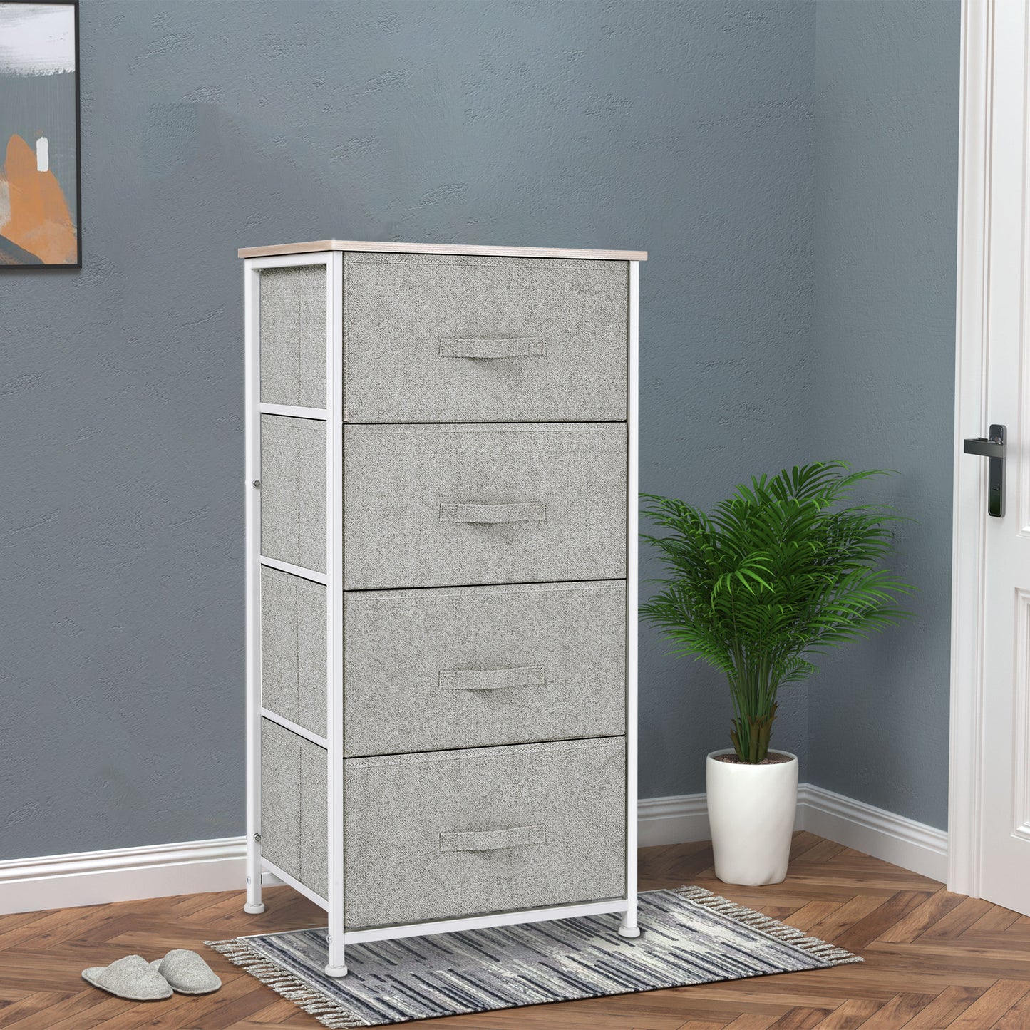 HOMCOM Linen Drawer Cabinet Organizer Storage Dresser Tower with 4 Removable Drawer Metal Frame Adjustable Feet for Living Room, Kitchen, Bathroom, Black