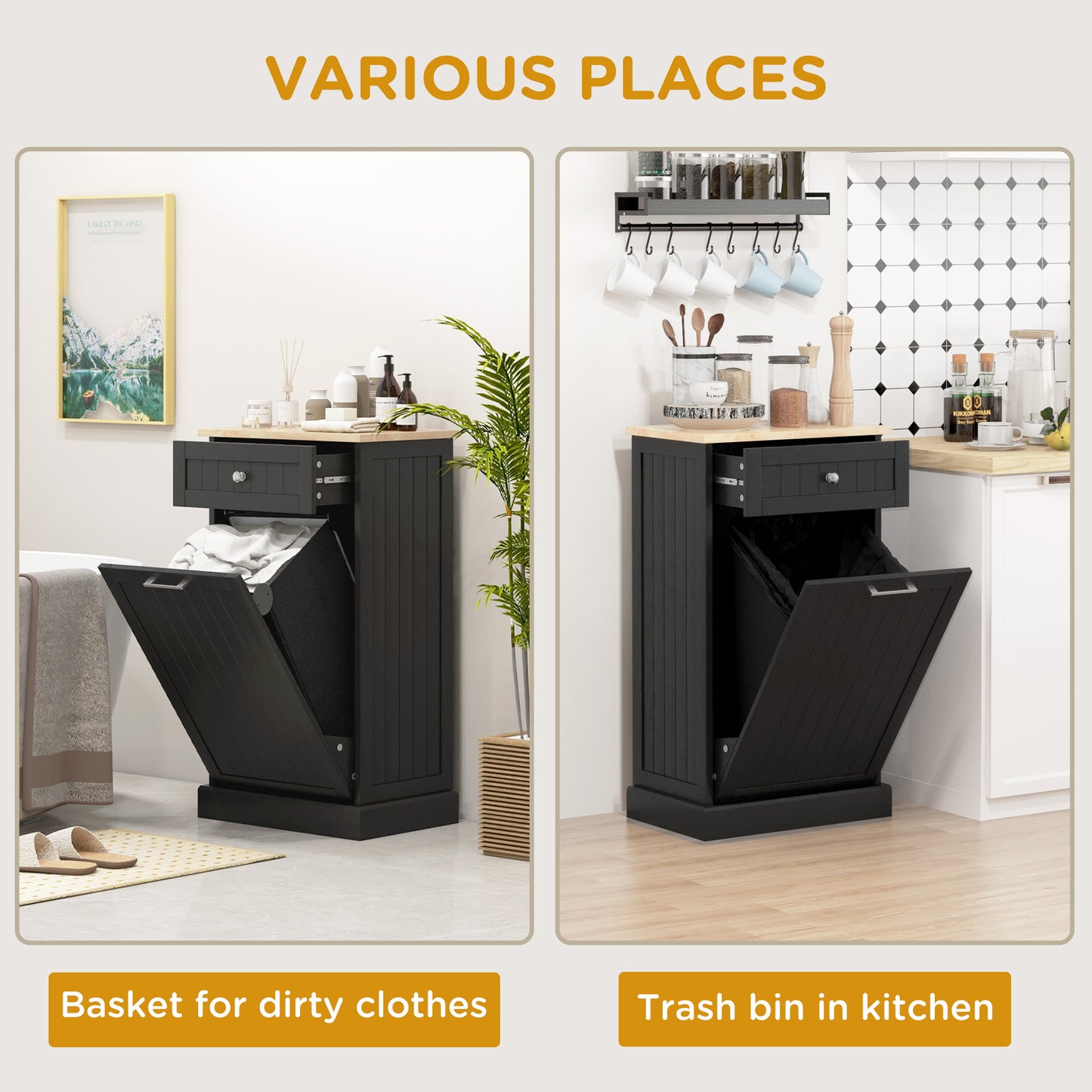 HOMCOM Kitchen Tilt Out Trash Bin Cabinet, Free Standing Recycling Cabinet, Trash Can Holder with Drawer, White