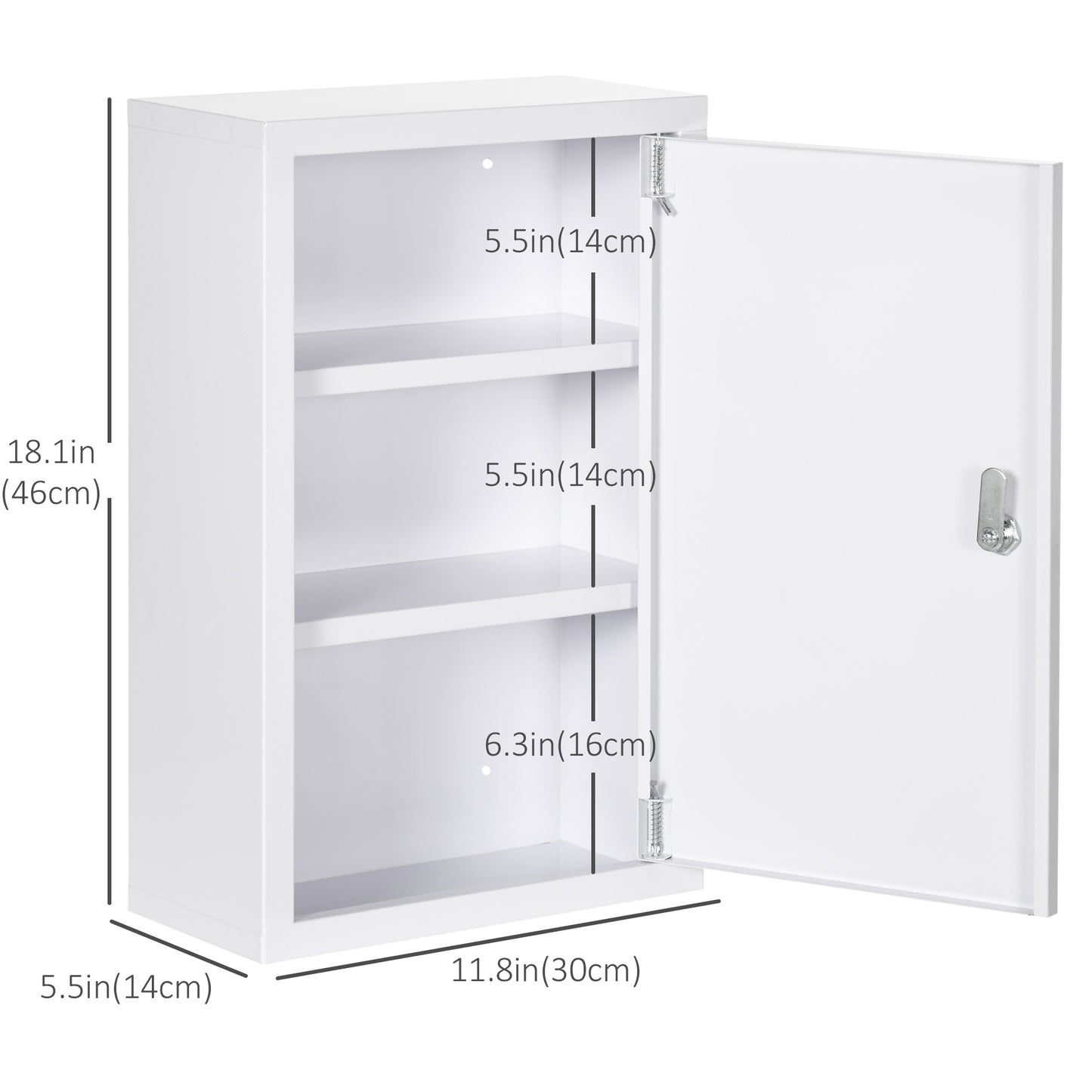 kleankin Lockable Medicine Cabinet, 3 Tier Steel Medical Wall Box with 2 Keys and Shelves for Bathroom, White