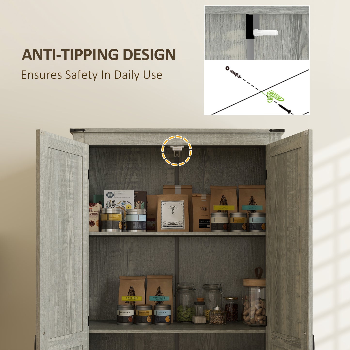 HOMCOM 72" Farmhouse Pantry Cabinet with Adjustable Shelves, Kitchen Pantry Cabinet with 2 Doors, Distressed Light Grey