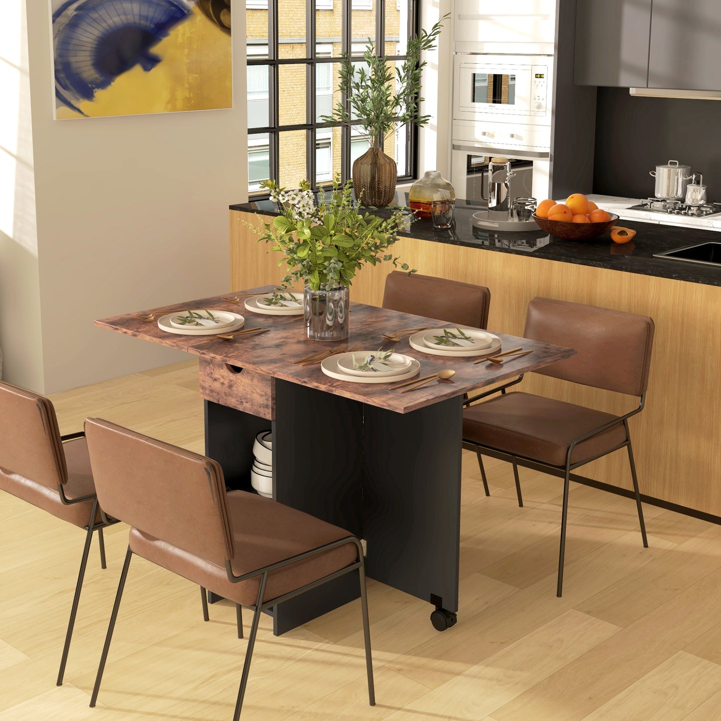 HOMCOM Folding Dining Table, Space Saving Drop Leaf Table with Drawer and Storage Shelves for Kitchen, Dining Room, Oak