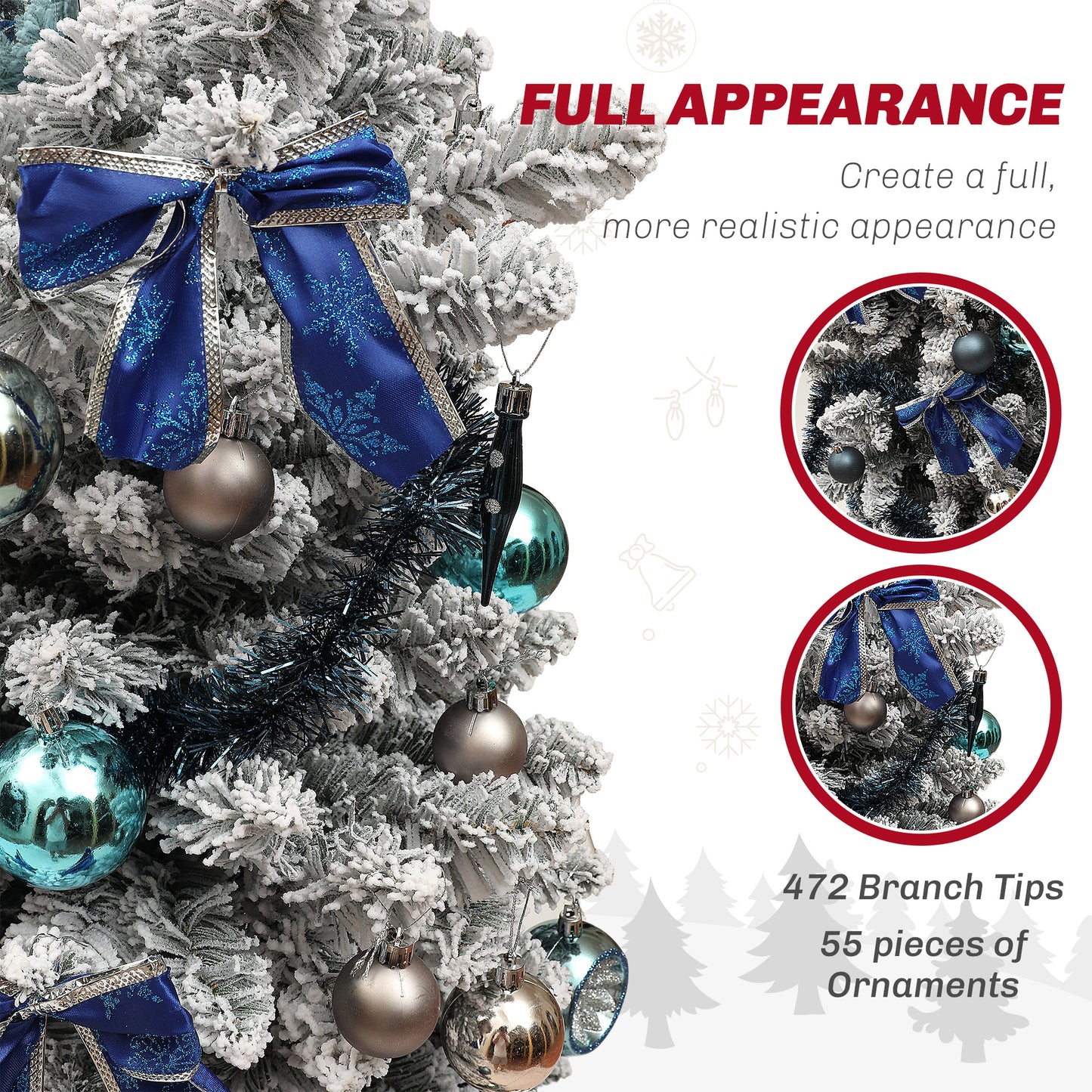 HOMCOM 5ft Prelit Artificial Christmas Tree with Blue Ornaments, Flocked Christmas Tree with LED Lights for Holiday