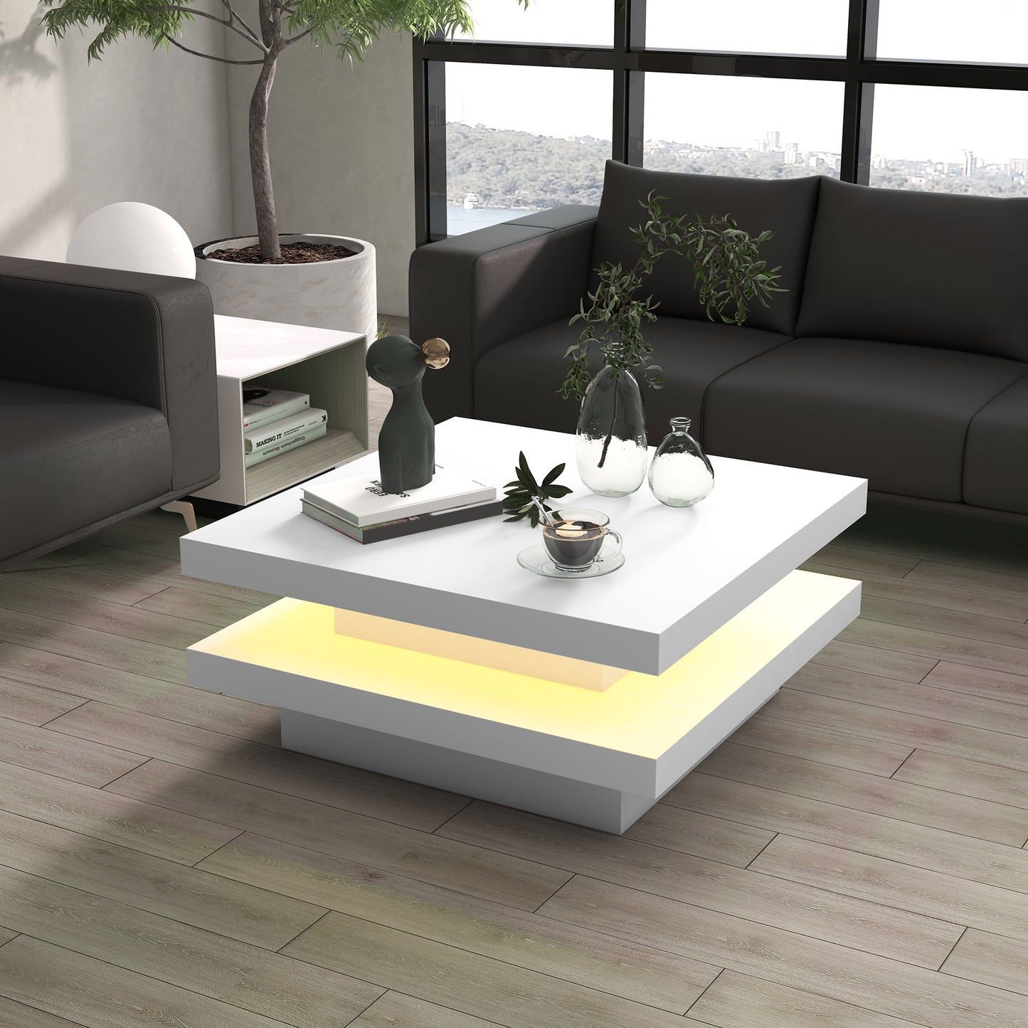 HOMCOM Square Coffee Table with 7 LED Lights and Remote, 2-Tier Modern Center Table for Living Room, White