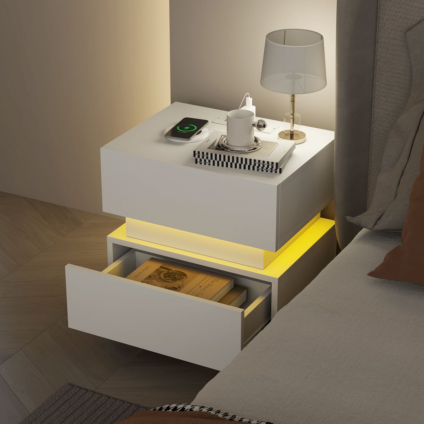 HOMCOM Bedside Table with Charging Station and LED Light Modern Nightstand with USB Ports AC Outlets Drawers Remote, Black