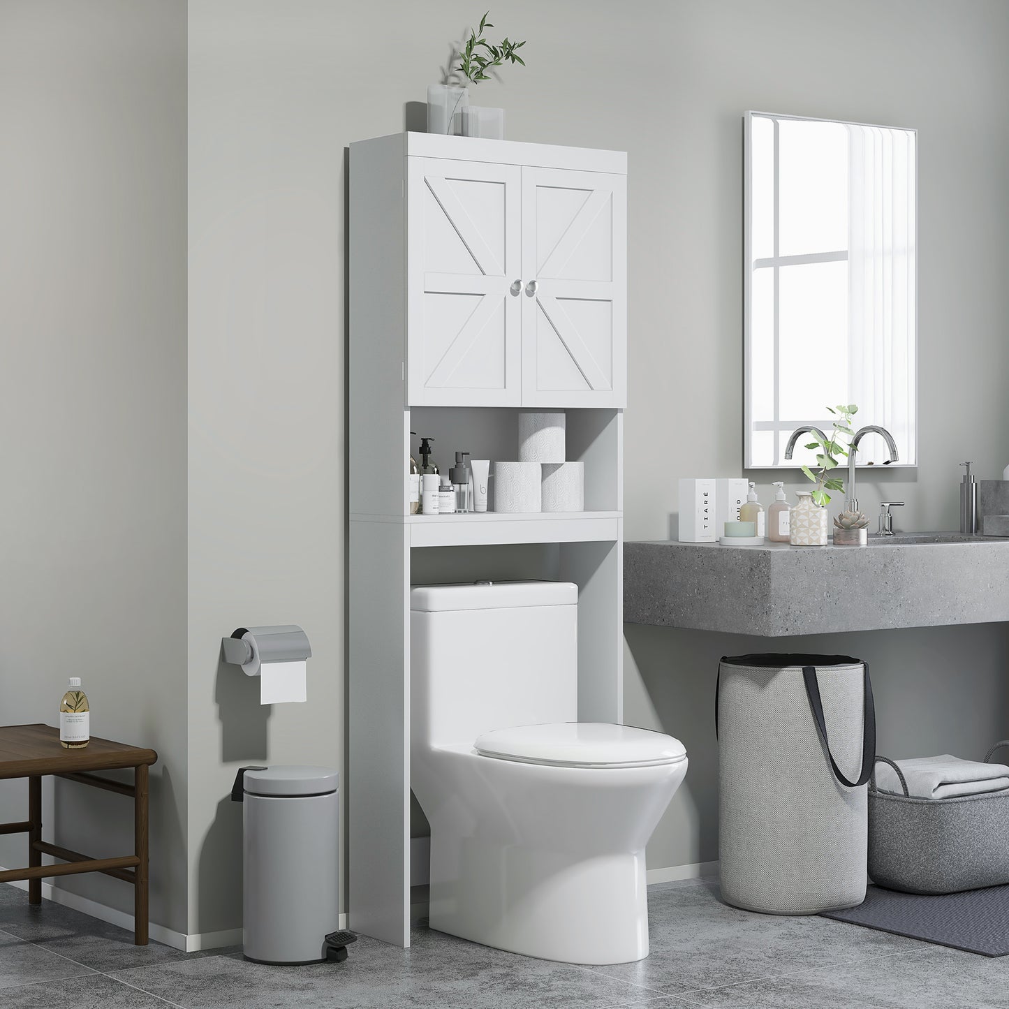 HOMCOM Over The Toilet Cabinet, Modern Bathroom Above Toilet Storage with Barn Doors and Open Shelf, White