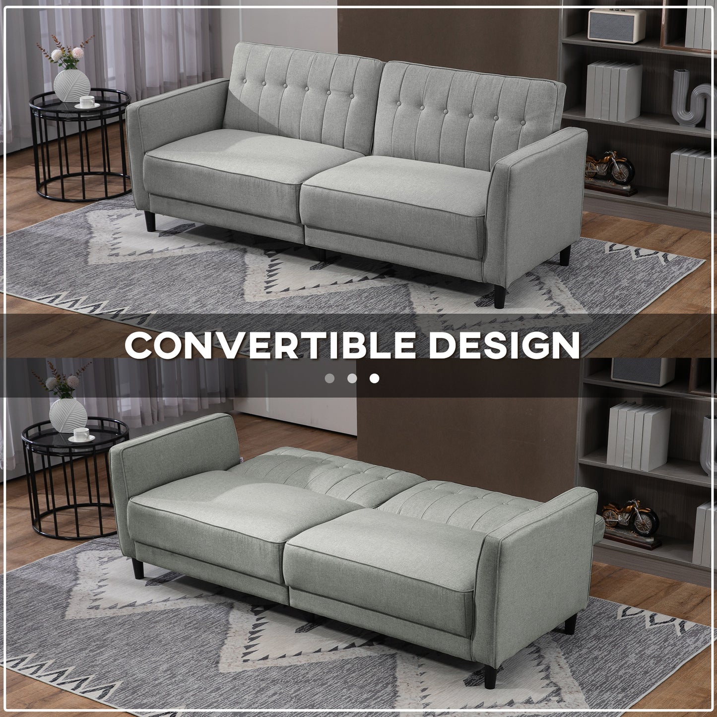HOMCOM Convertible Bed with Couch, Button Tufted Fabric Sofa Bed with Adjustable Back for Living Room, Charcoal Grey