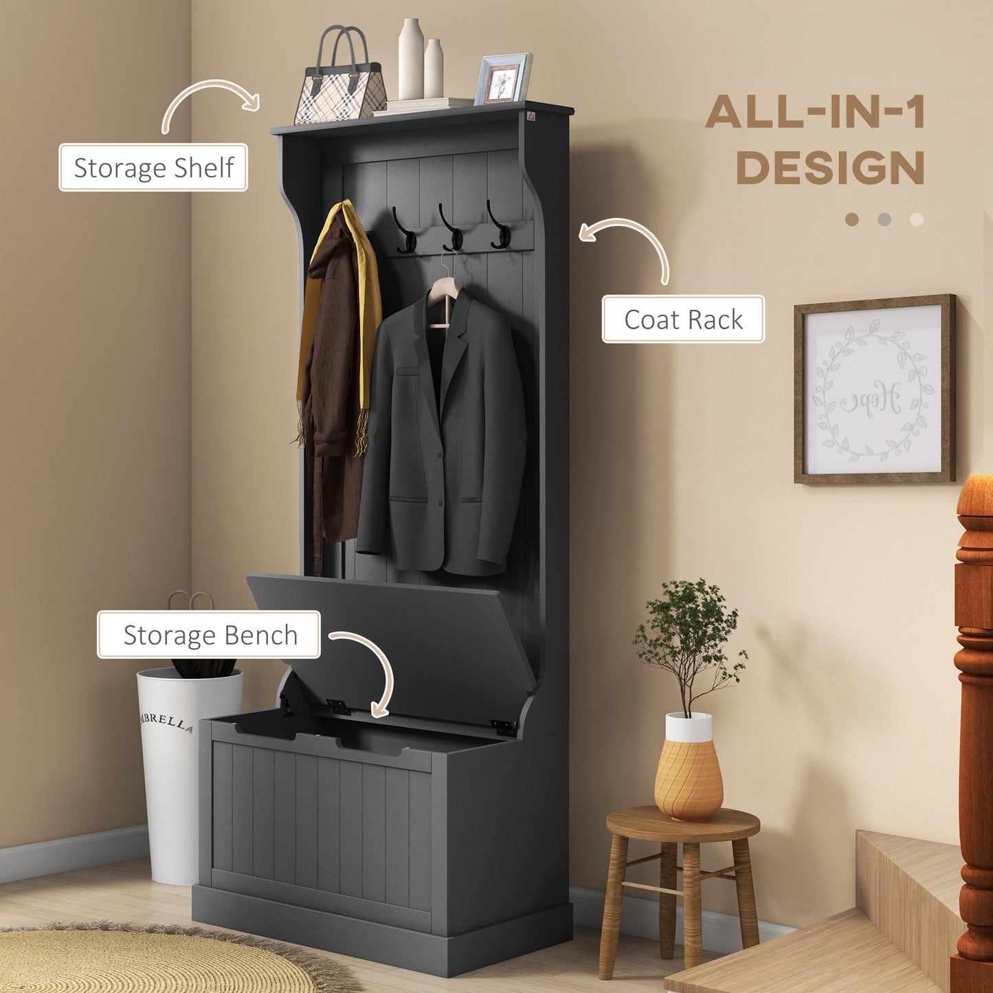 HOMCOM 3-In-1 Hall Tree with Coat Rack, Shoe Storage and Bench Seat, Entryway Bench with 4 Hooks for Hallway, Living Room, Black