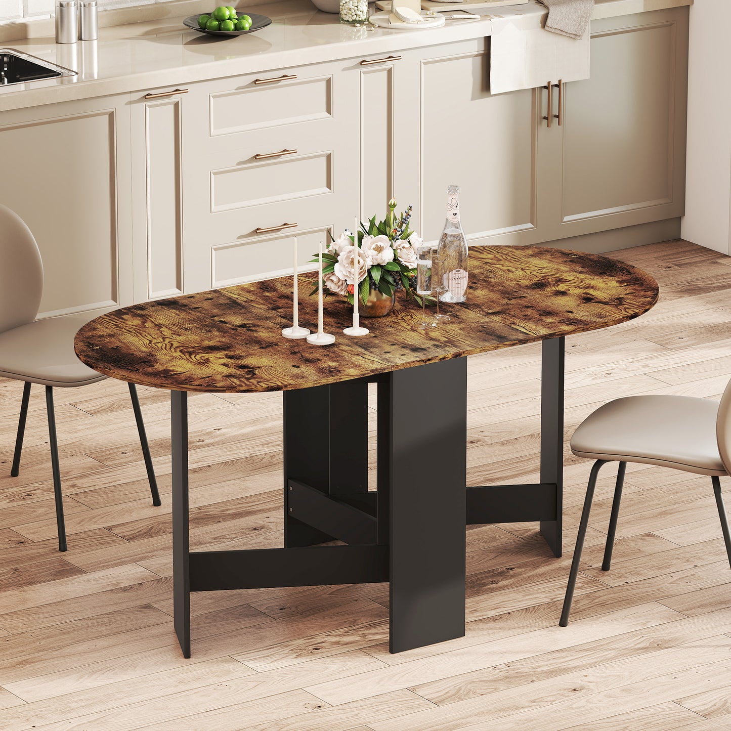 HOMCOM Oval Folding Dining Table, Space Saving Drop Leaf Kitchen Table for Dining Room, Living Room, Distressed Brown