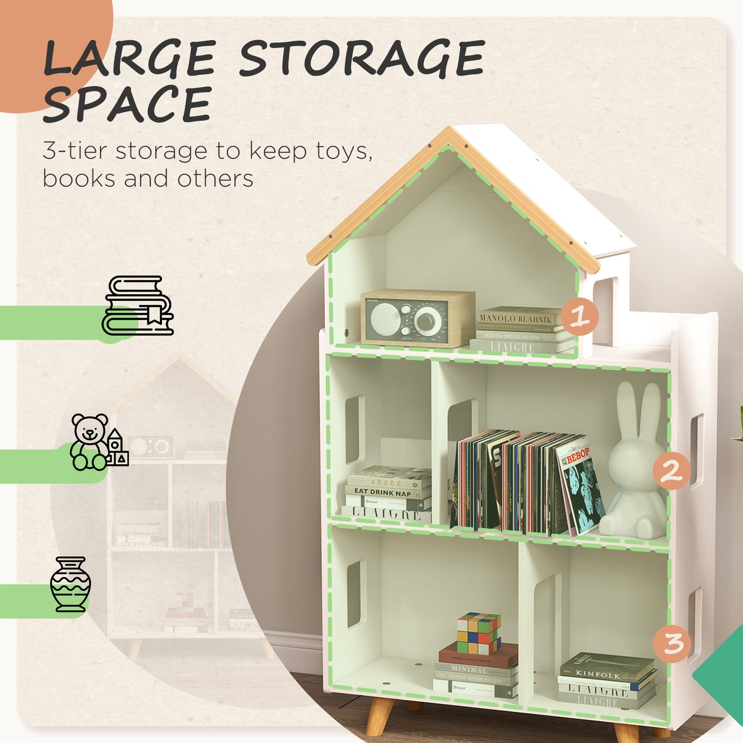 Qaba Toy Storage Organizer Cabinet, 3-Tier Kids Bookshelf for Playroom, Kids Room, Nursery, Kindergarten, White