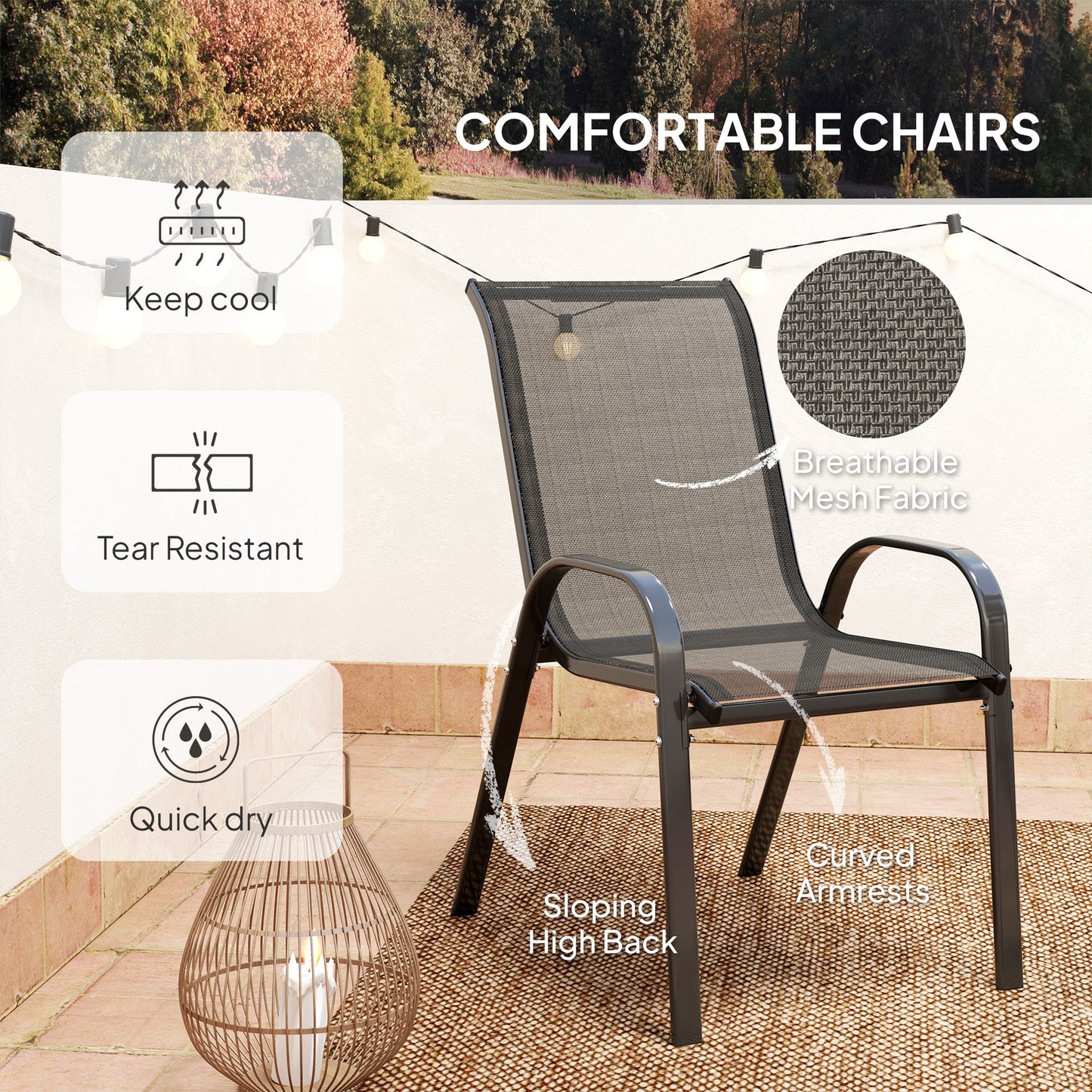 Outsunny 3 Pieces Bistro Set, Small Patio Furniture Set with Stackable Mesh Chairs, Glass Table for Garden, Balcony, Black
