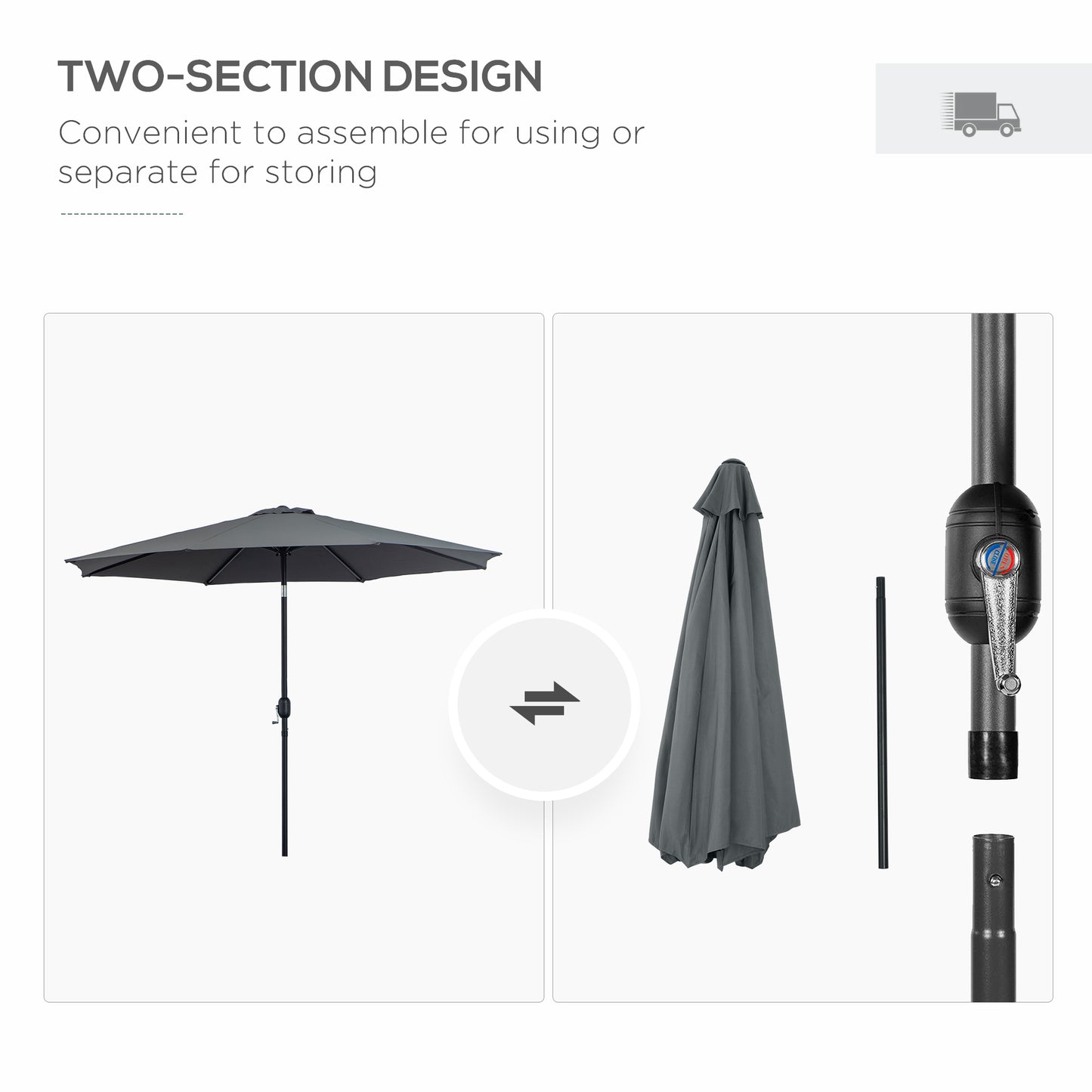 Outsunny 10' x 8' Round Market Umbrella, Patio Umbrella with Crank Handle and Tilt, Outdoor Parasol for Garden, Bench, Lawn, Grey