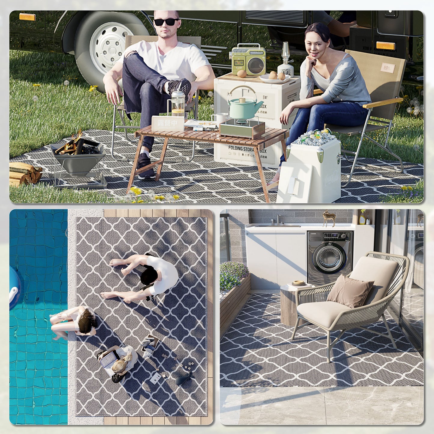 Outsunny Waterproof Outdoor Rug, 6' x 9' RV Rug Reversible Mat for Backyard, Deck, Picnic, Beach, Camping, Grey & White Net