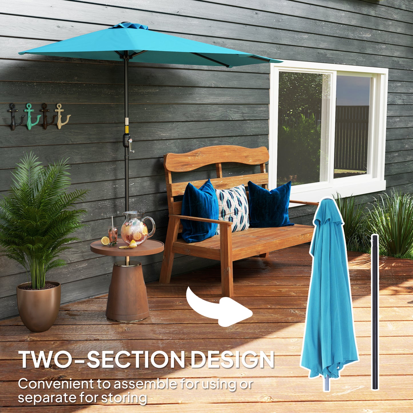 Outsunny 9ft Half Round Umbrella Outdoor Patio Garden Balcony Parasol Window Sun Shade w/ 5 Ribs, Light Blue