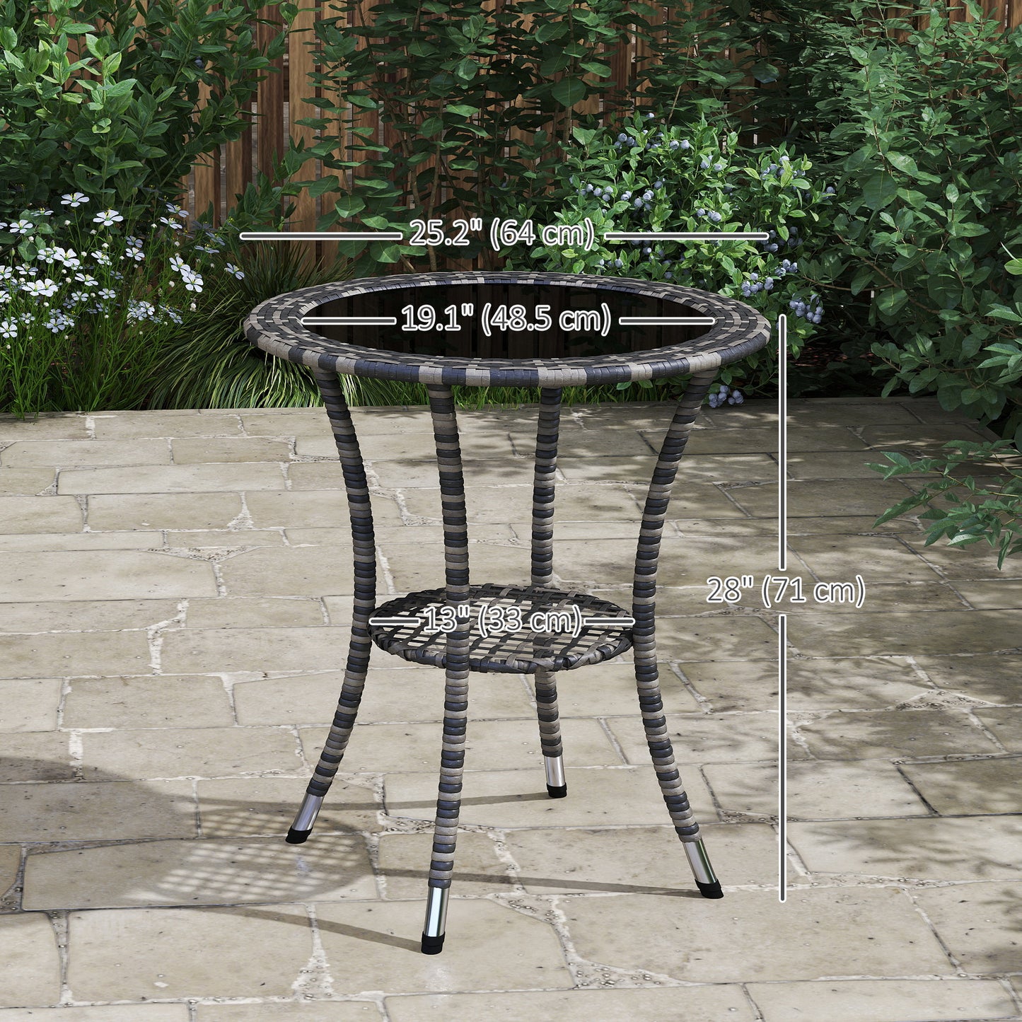 Outsunny Outdoor Rattan Dining Table, Patio Wicker Round Coffee Table with 2-Tier Storage Shelf, Brown