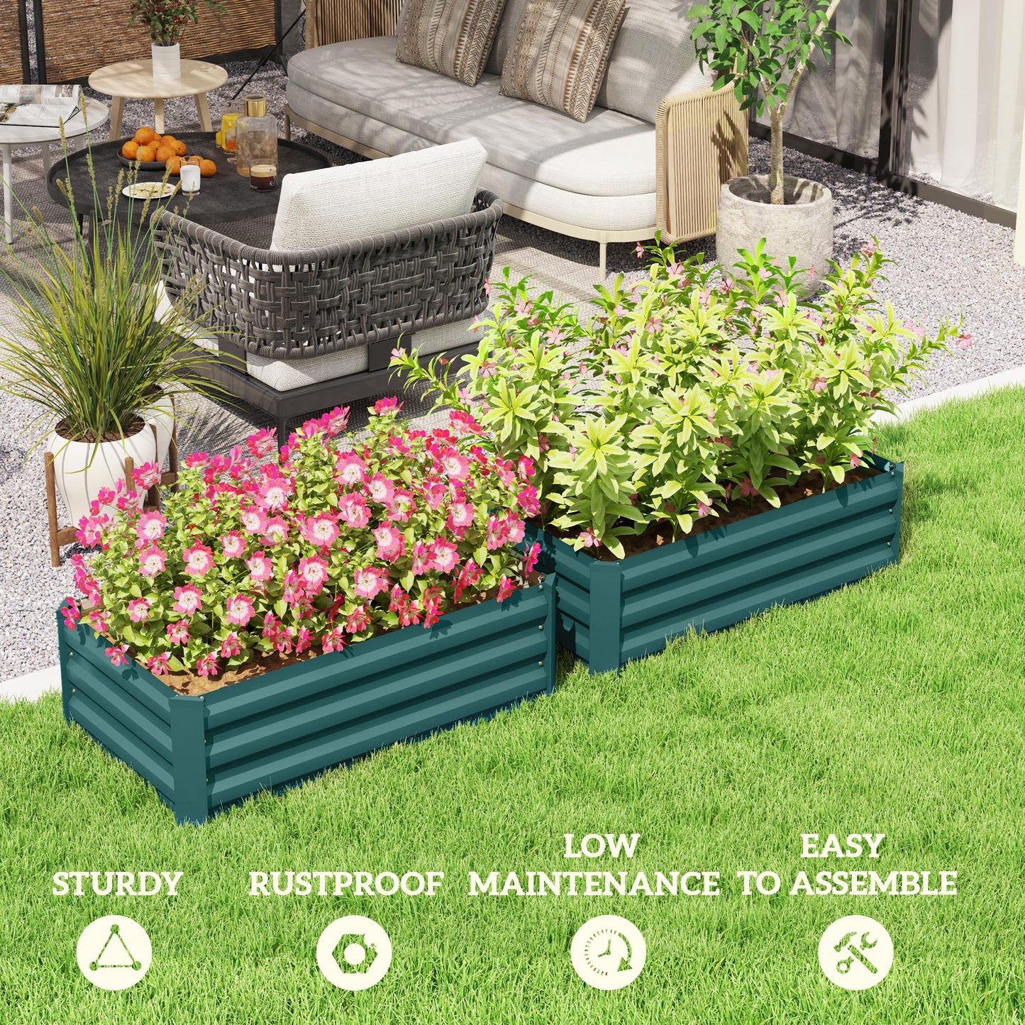 Outsunny Set of 2 Galvanized Raised Beds for Garden, Outdoor Planter Box for Flowers, Herbs and Vegetables, Green