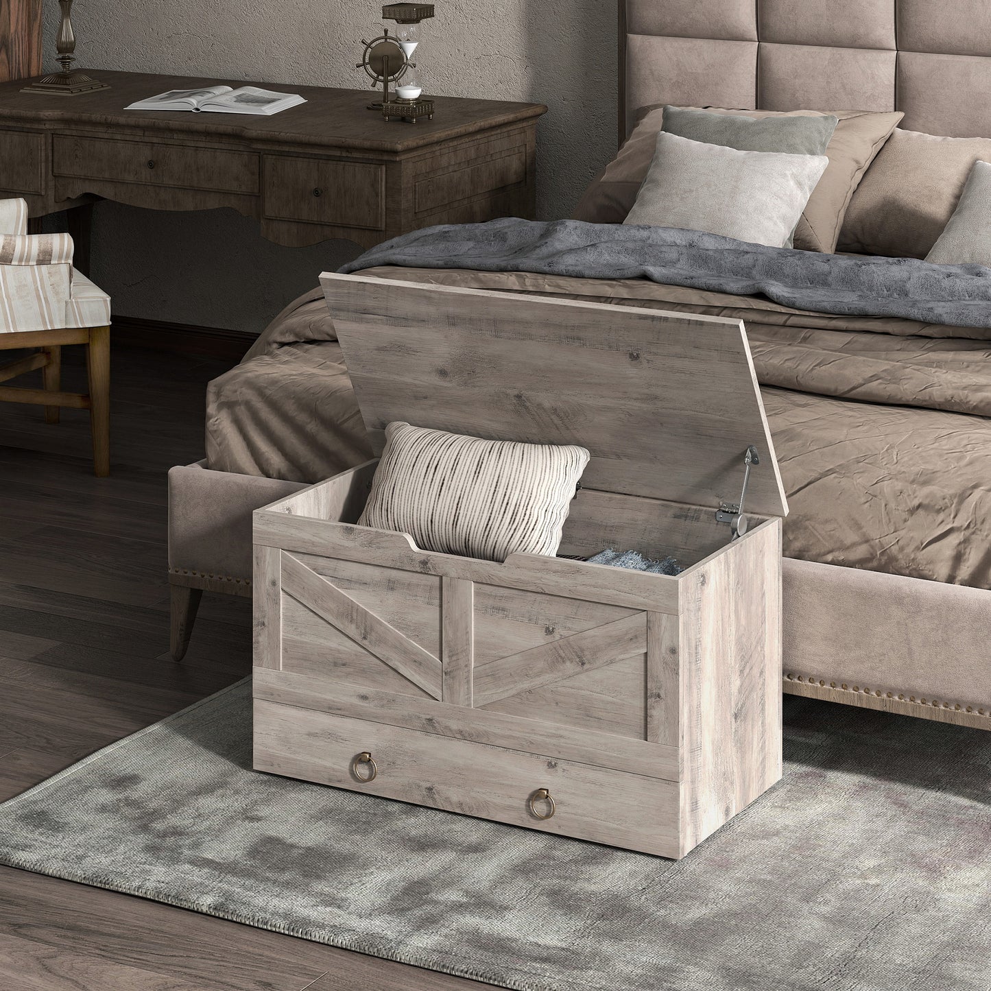 HOMCOM 39.4 Inches Storage Chest, Storage Trunk with 2 Safety Hinges, Wooden Box for Living Room, Black Wood Grain