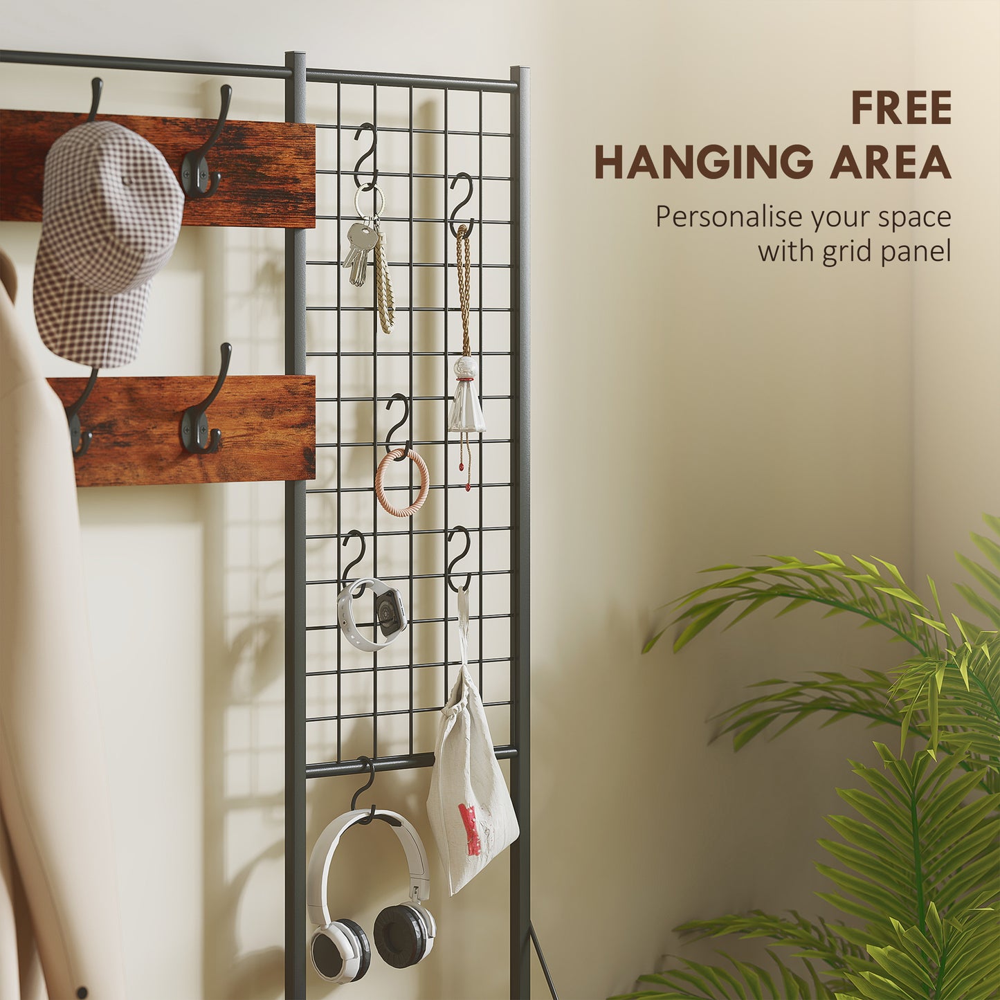 HOMCOM 4-In-1 Coat Rack with 7 Drawer Fabric Dresser, Hall Tree with 14 Hooks for Hallway, Entryway, Bedroom, Rustic Brown