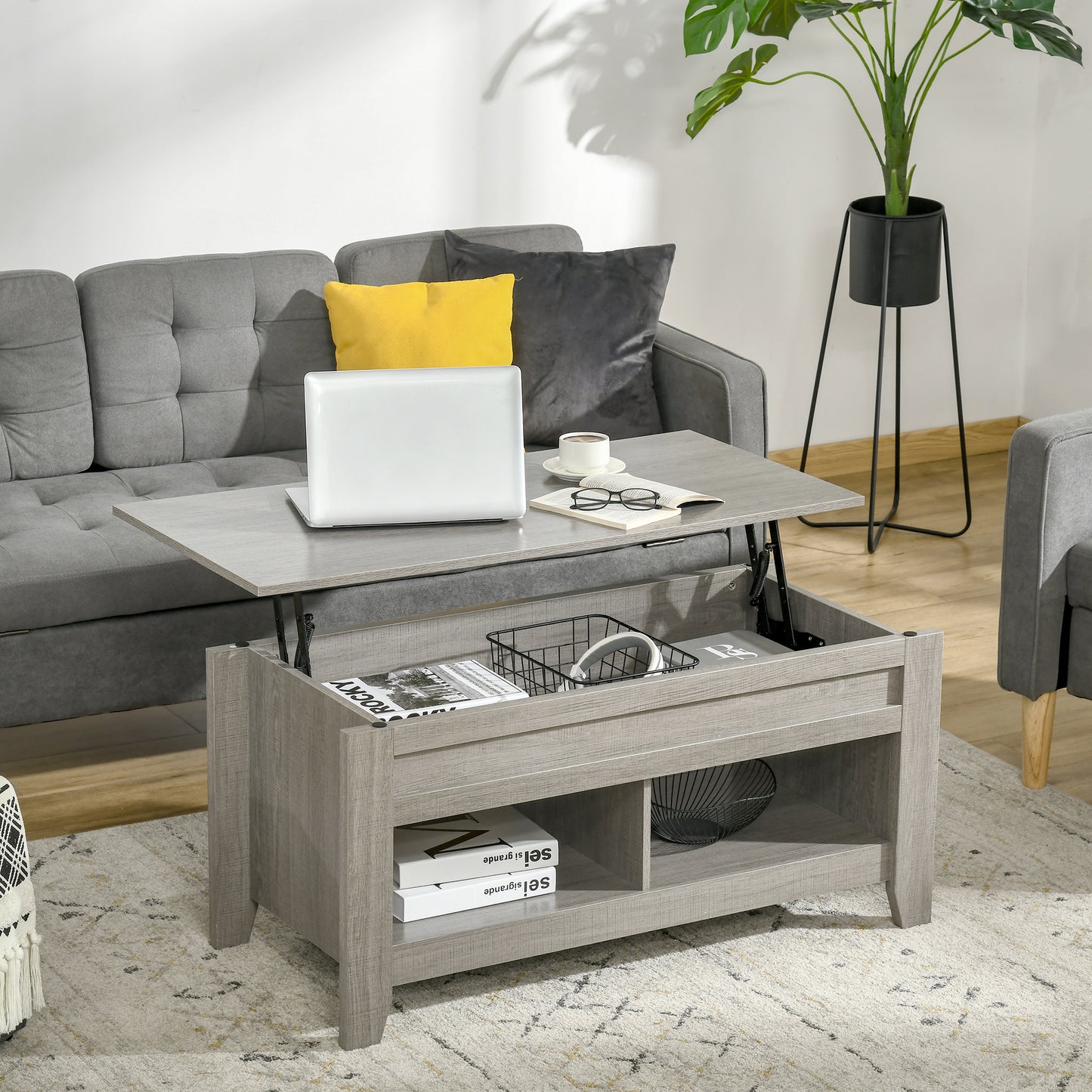 HOMCOM Lift Top Coffee Table with Hidden Storage Compartment and Open Shelves, Lift Tabletop Pop-Up Center Table for Living Room, White