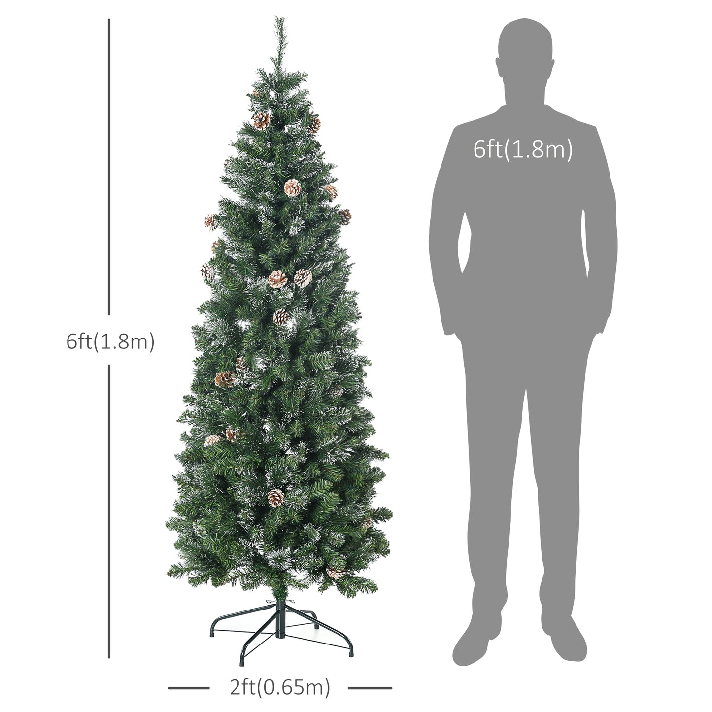 HOMCOM 6' Artificial Pencil Christmas Tree with Snow Frosted Branches, Auto Open, Steel Base