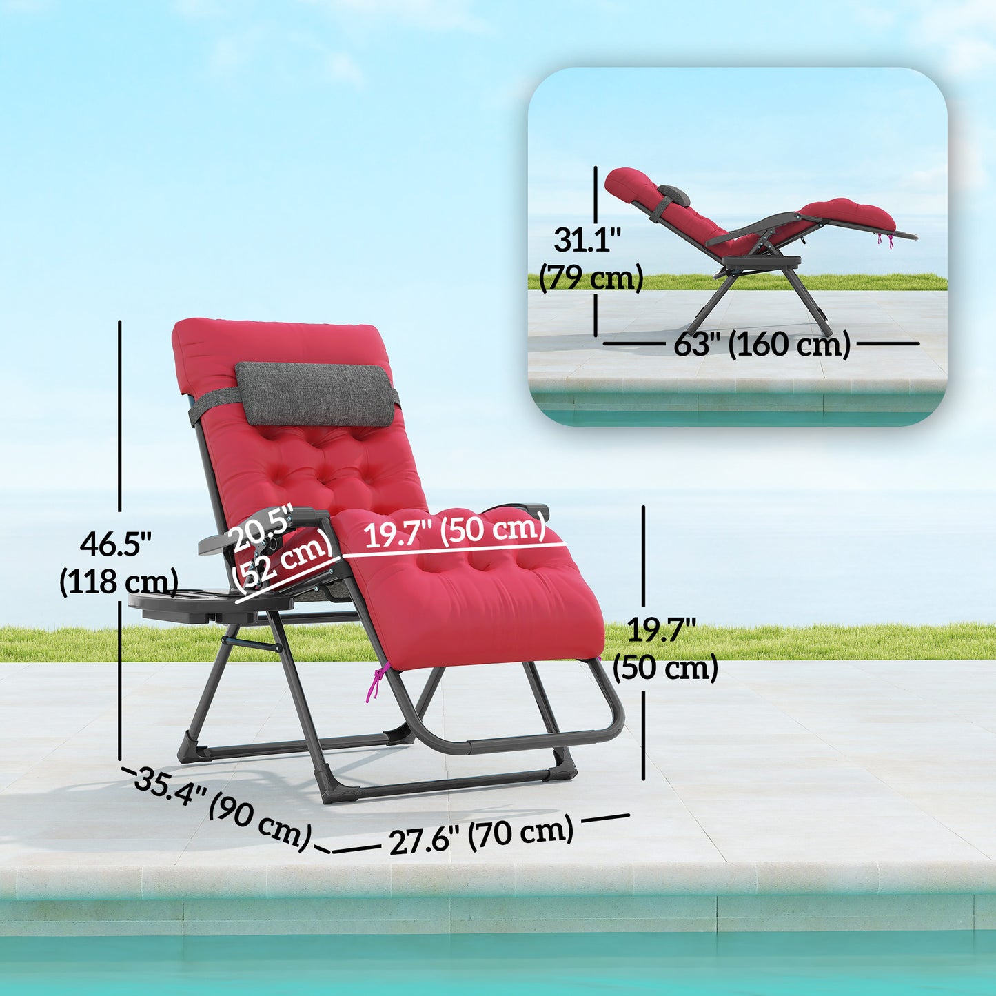 Outsunny Padded Zero Gravity Chair, Folding Recliner Chair, Patio Lounger with Cup Holder, Adjustable Backrest, Removable Cushion for Outdoor, Deck, Poolside, Red
