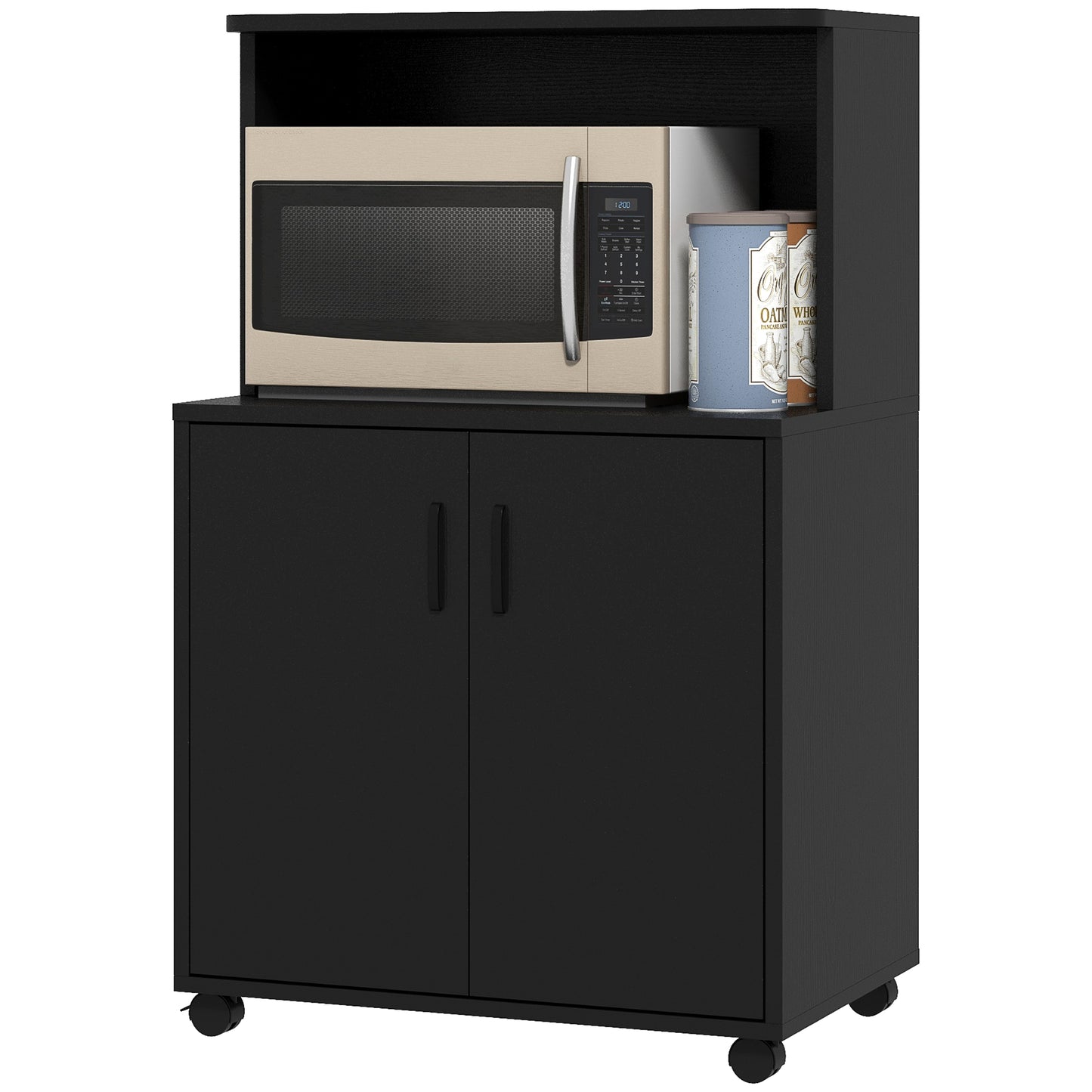 HOMCOM Microwave Cart on Wheels Utility Trolley Storage Sideboard Bookcase with 2-door Cabinet, White Oak
