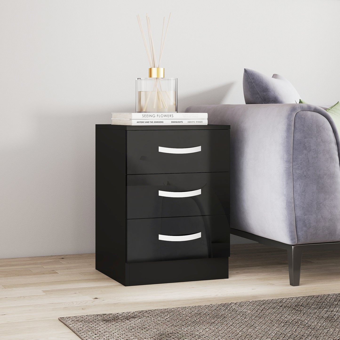 HOMCOM Modern Nightstand Set of 2, Bedside Tables with 3 High Gloss Drawers for Bedroom, White